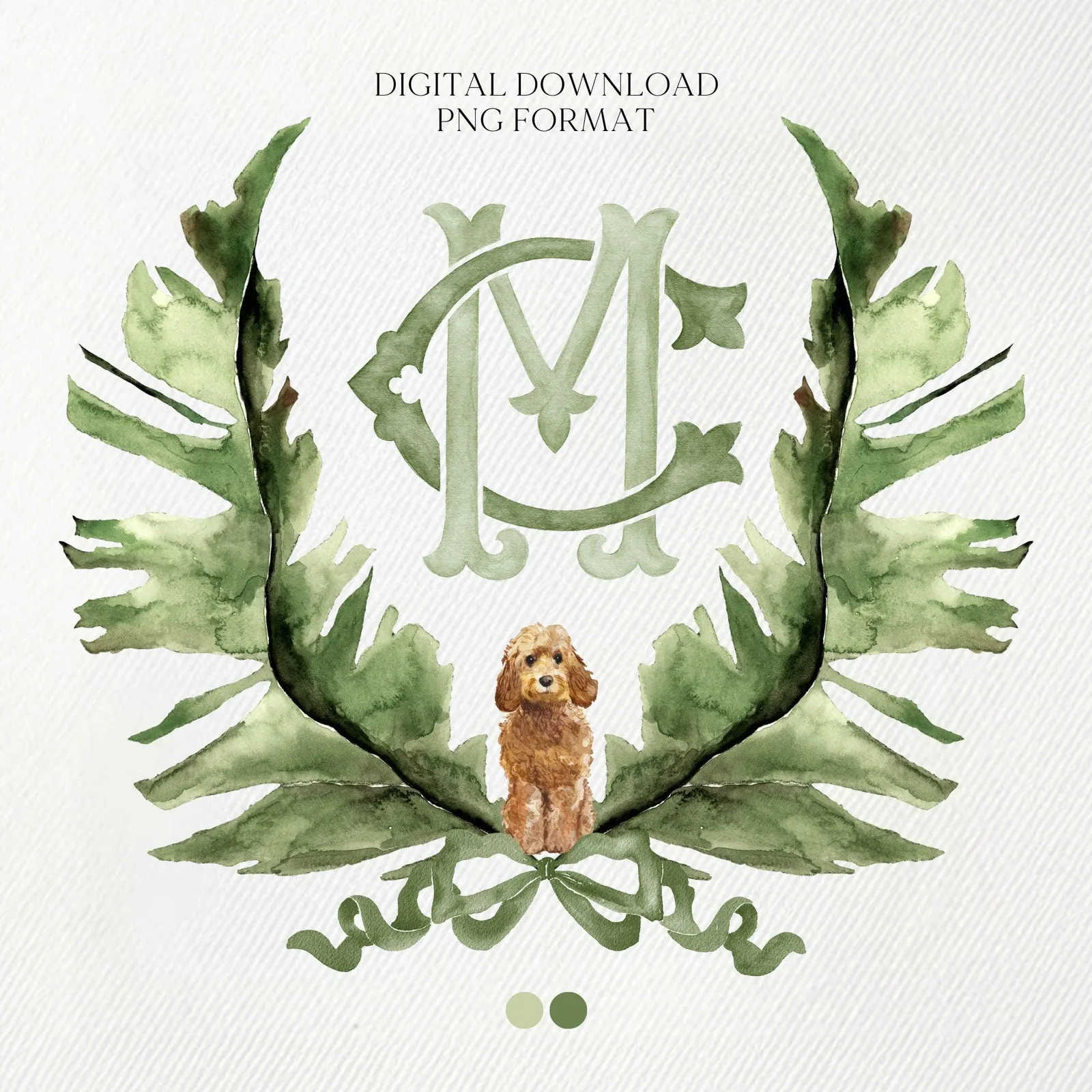 Palm Leaf Greenery Garden Watercolor Wedding Crest - Monogram Crest - Palm leaves Greenery Watercolor Wedding Crest - Romantic Wedding Crest