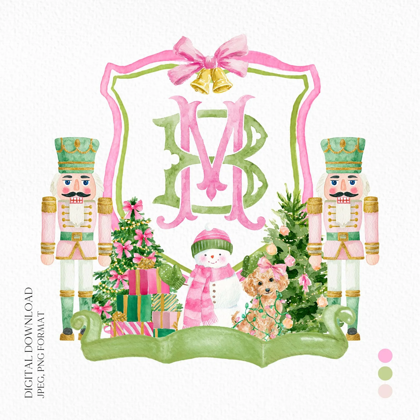 Custom Christmas Wedding Crest - Monogram Crest - Nutcracker Pink Floral Watercolor Wedding Crest - Winter Christmas Wedding Crest