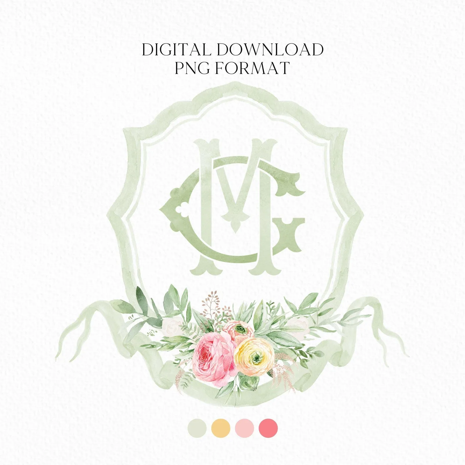 Watercolor Pink & Yellow Ranunculus Floral Watercolor Wedding Crest - Monogram Crest - Floral Watercolor Wedding Crest - Romantic Wedding