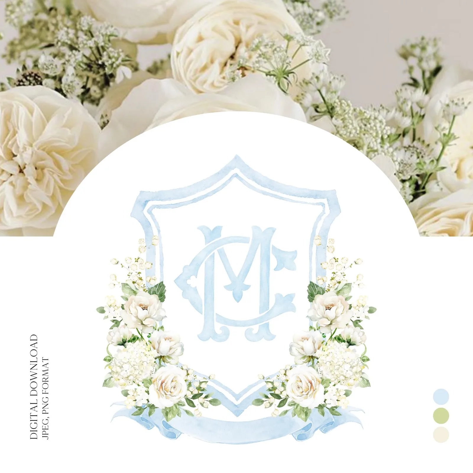 White Rose Greenery White Flower Wedding Crest - Monogram Crest - White Cream Roses flower Watercolor Wedding Crest - Romantic Wedding Crest