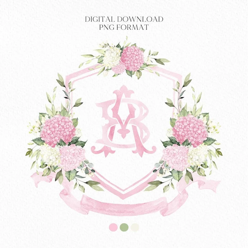 Pink Hydrangea Flower Wedding Crest - Monogram Crest