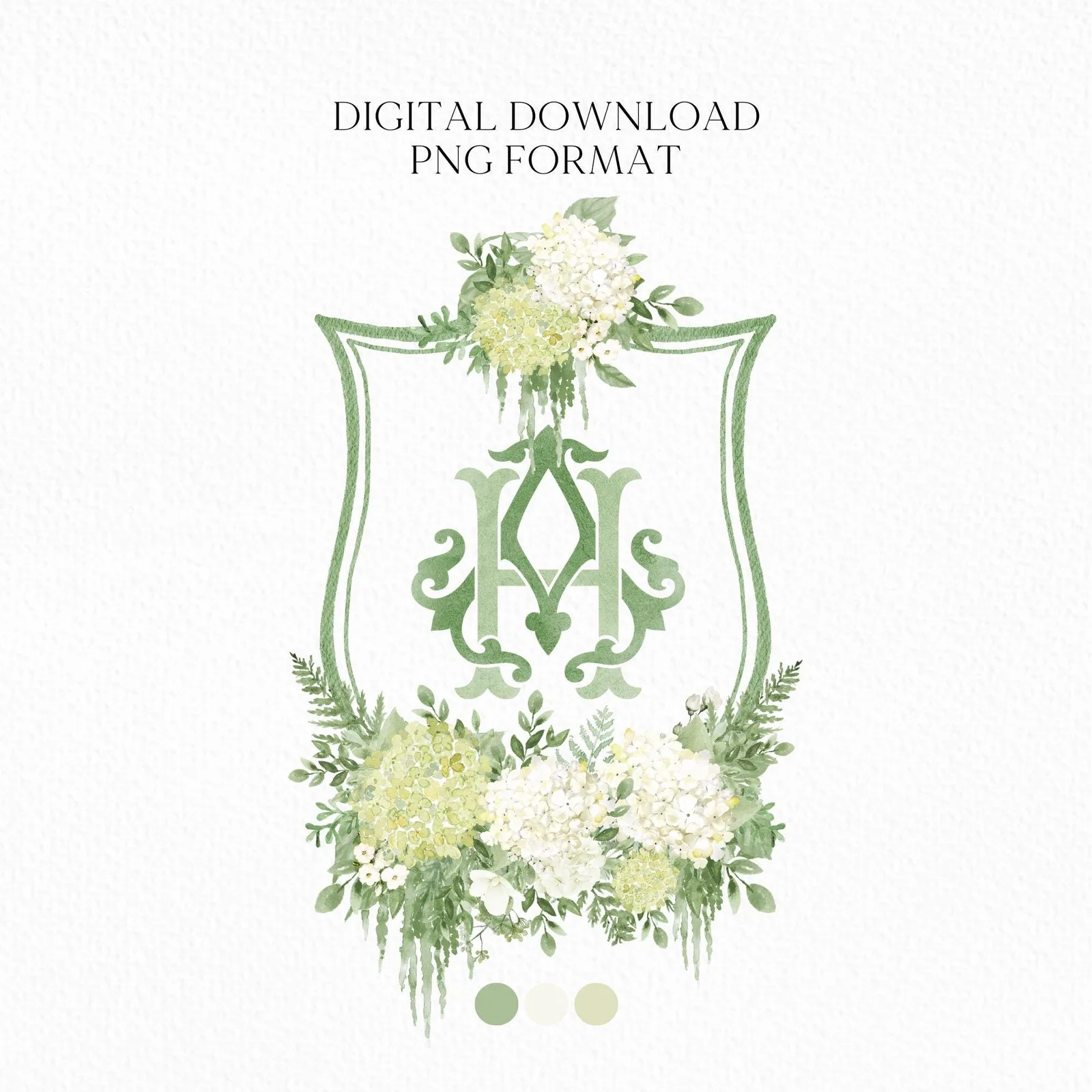 Green Hydrangea Flower Wedding Crest - Monogram Crest - Hydrangea White Floral Luxury Watercolor Wedding Crest - Romantic Wedding Crest