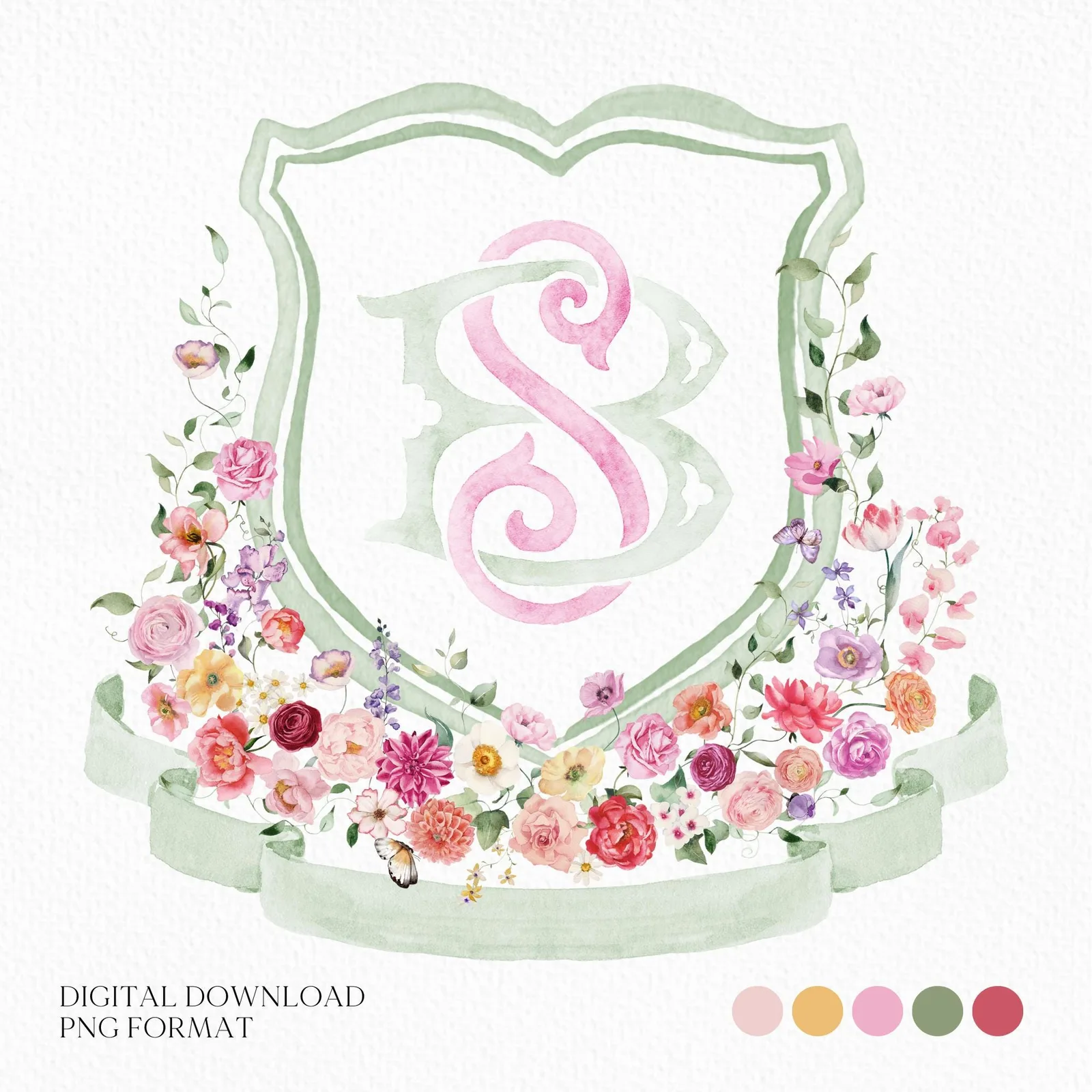 Wildflowers Bright Floral Colorful Watercolor Wedding Crest - Monogram Crest - Floral Watercolor Wedding Crest - Romantic Wedding Crest