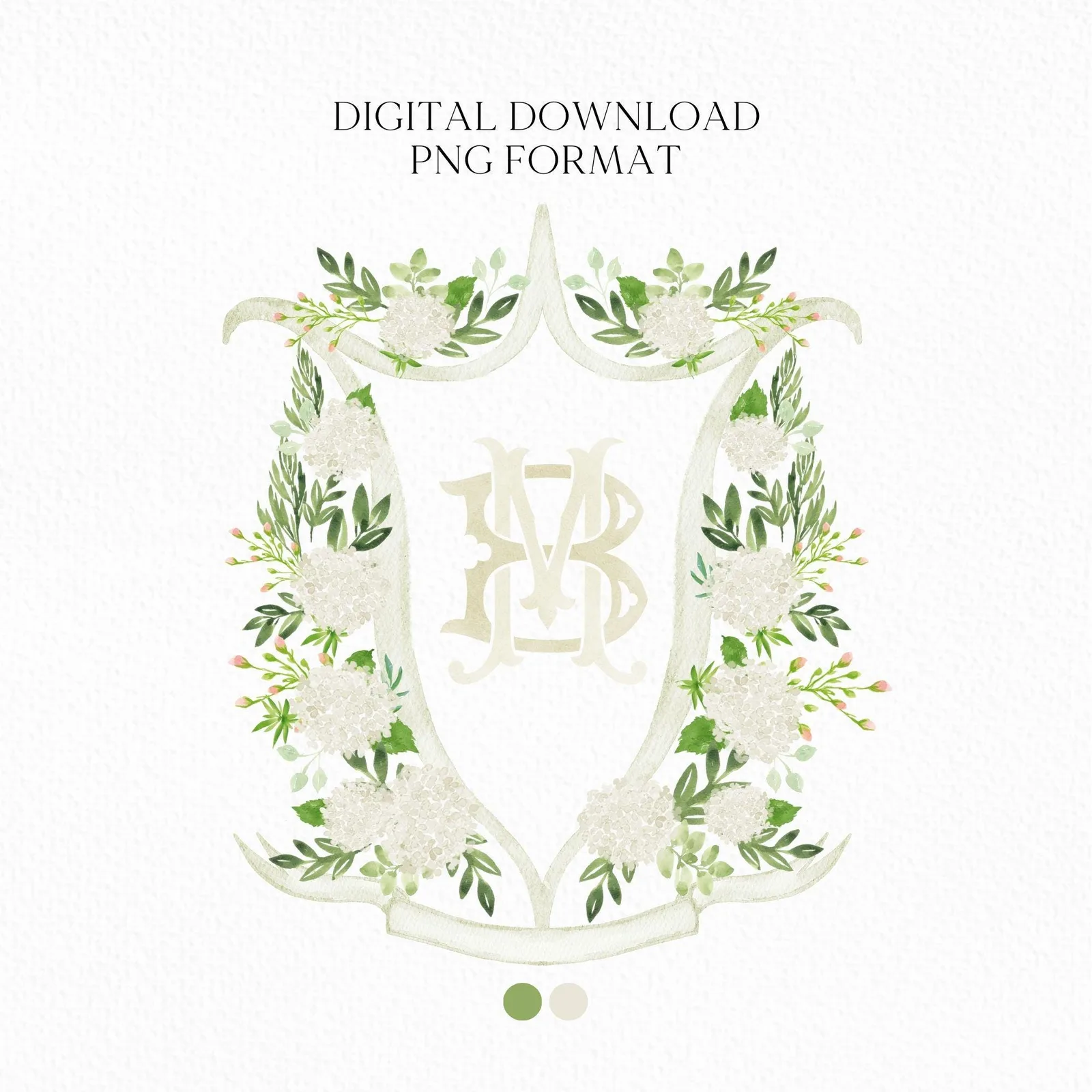 White Hydrangea Flower Wedding Crest - Monogram Crest - Hydrangea Floral Luxury Watercolor Wedding Crest - Romantic Wedding Crest