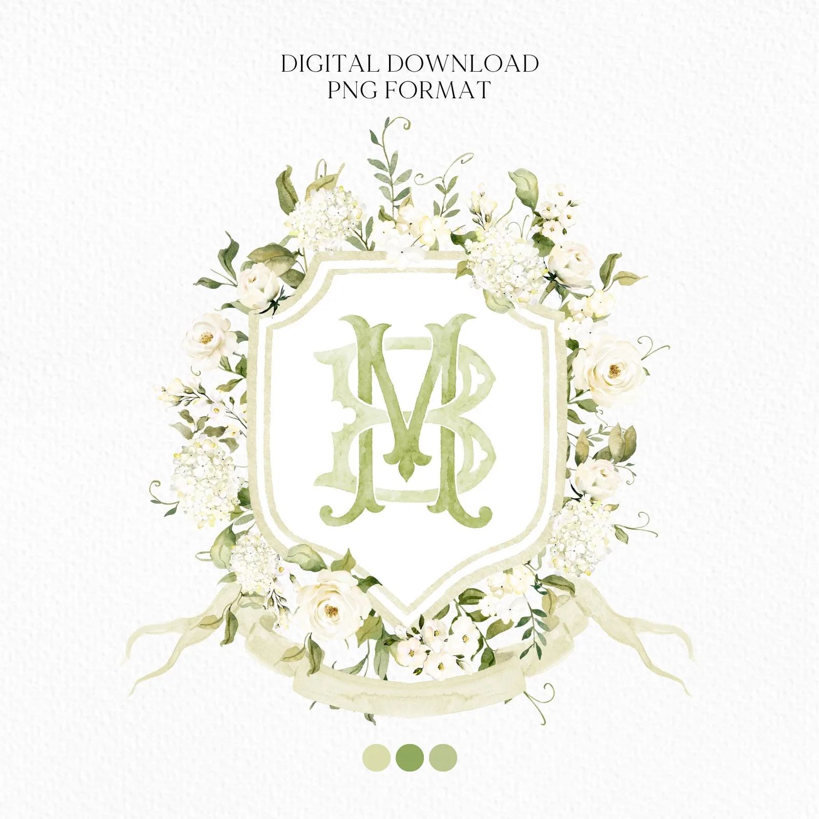 White Hydrangea Flower Wedding Crest - Monogram Crest - Hydrangea Floral Watercolor Wedding Crest - Romantic Wedding Crest - Boho Hydrangea