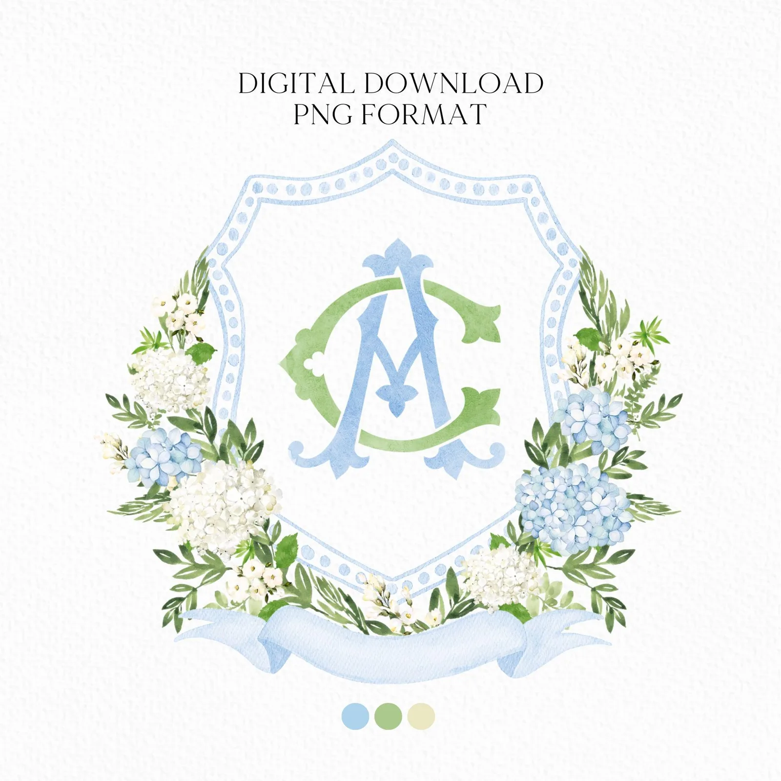 Hydrangea Flower Wedding Crest - Monogram Crest - Hydrangea Floral Luxury Watercolor Wedding Crest - Romantic Wedding Crest- Boho Hydrangea