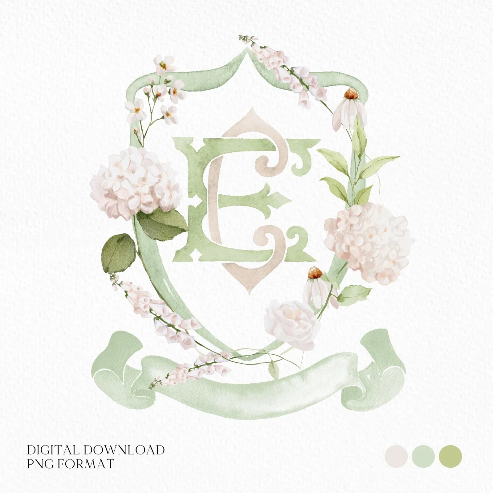 Hydrangea White Flower Wedding Crest - Monogram Crest - White Hydrangea Floral Luxury Watercolor Wedding Crest - Romantic Wedding Crest