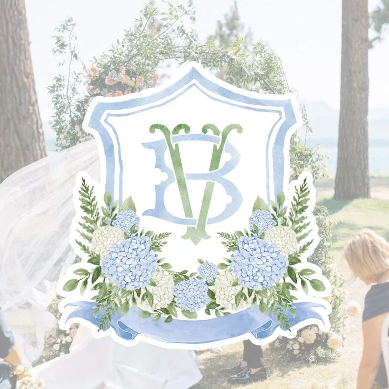 White Blue Hydrangea Flower Wedding Crest