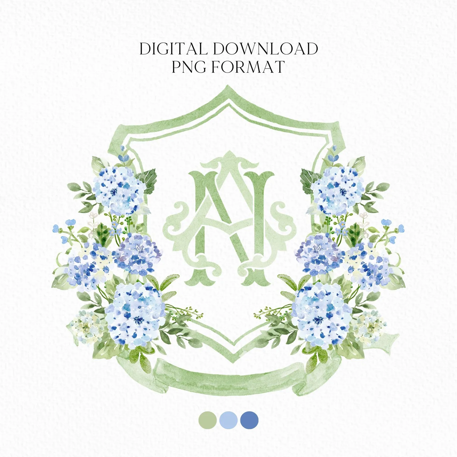 Hydrangea Blue Wedding Crest - Monogram Crest - Hydrangea Floral Luxury Watercolor Wedding Crest - Romantic Wedding Crest