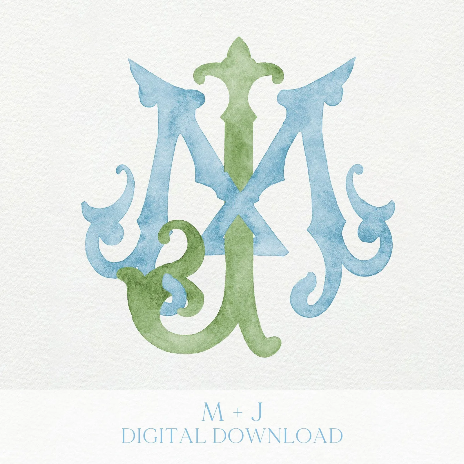 Watercolor Wedding Monogram MJ – Classic Lettered Crest (Digital Download)