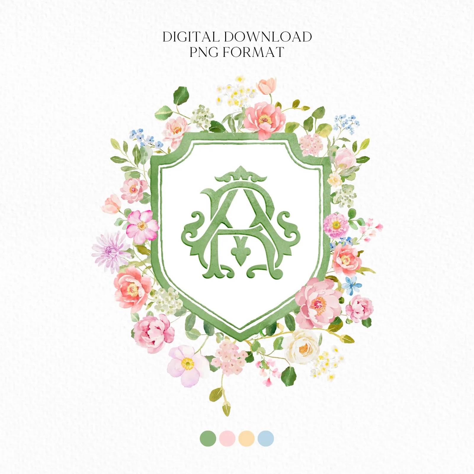 Wildflowers Bright Floral Colorful Watercolor Wedding Crest - Monogram Crest - Floral Watercolor Wedding Crest - Romantic Wedding Crest