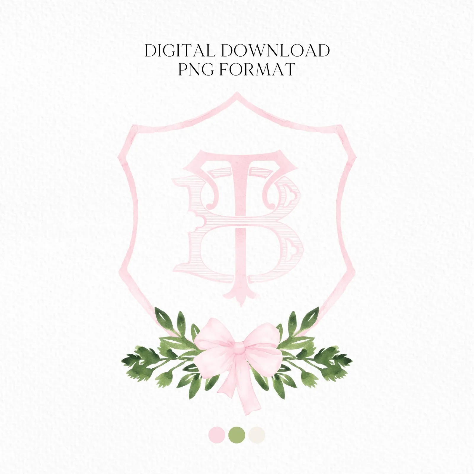 Watercolor Pink Classic Eucalyptus Ribbon Flower Wedding Crest - Monogram Crest - Luxury Watercolor Wedding Crest - Romantic Wedding Crest