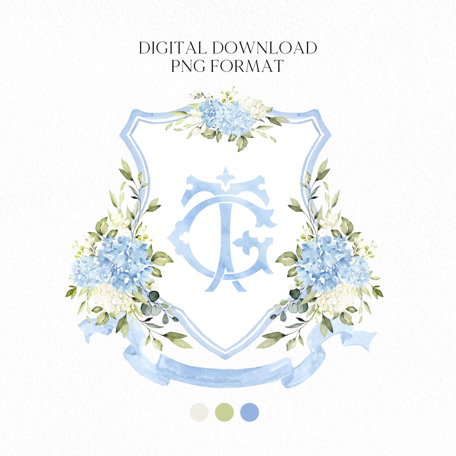 Blue and White Hydrangea Flower Wedding Crest - Monogram Crest - Hydrangea Floral Luxury Watercolor Wedding Crest - Romantic Wedding Crest