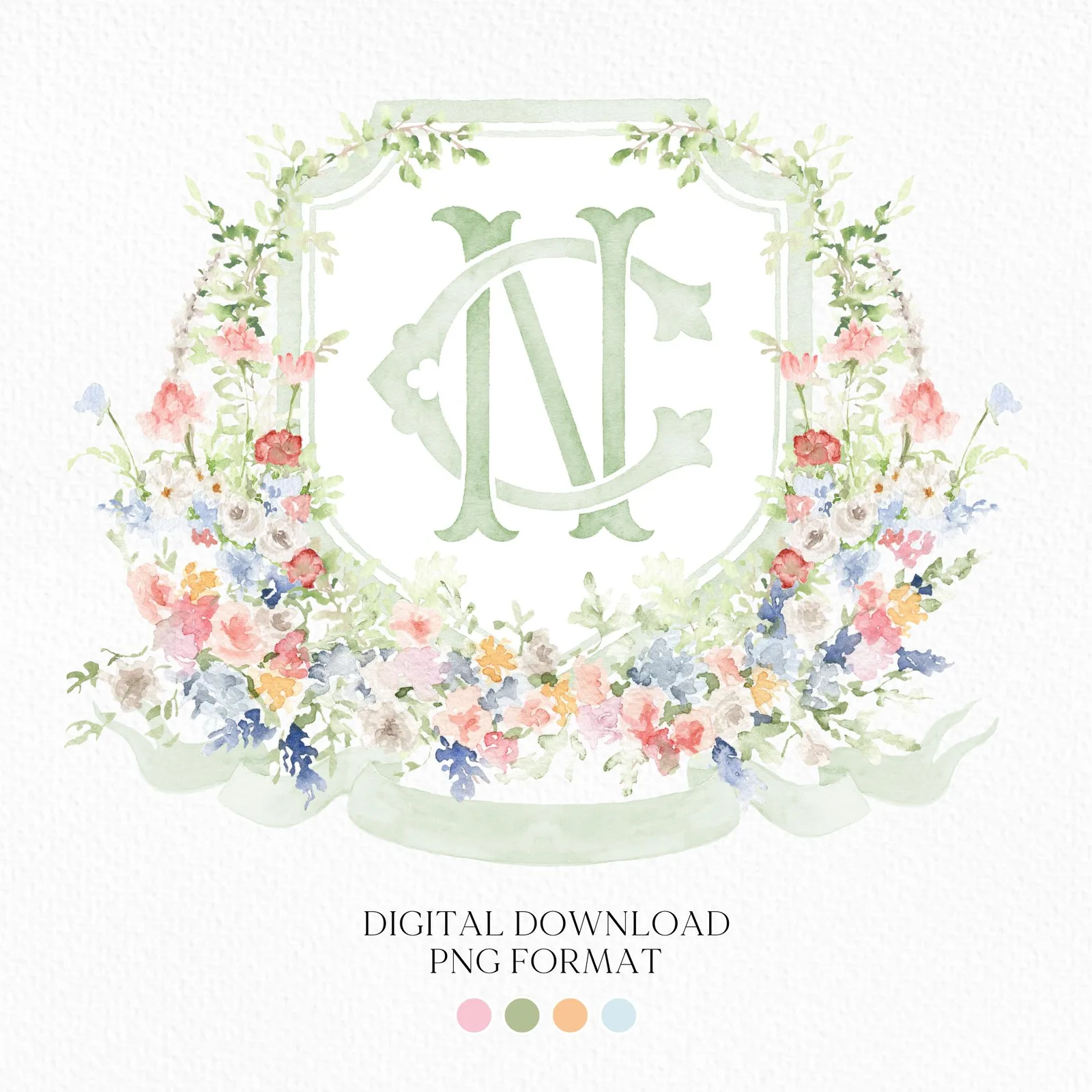 Watercolor Garden Floral Colorful Watercolor Wedding Crest - Monogram Crest - Floral Watercolor Wedding Crest - Romantic Wedding Crest