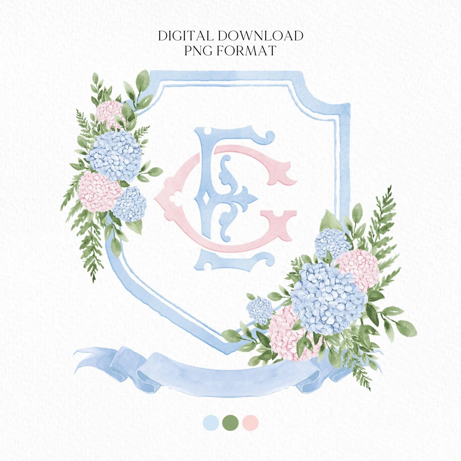 Blue Pink Hydrangea Flower Wedding Crest