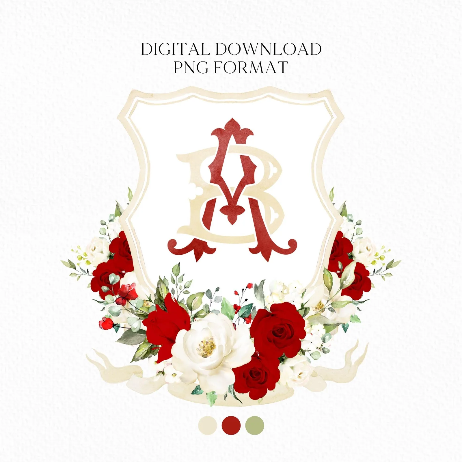 ROSIE - Red and White Roses Flower Wedding Crest - Monogram Crest - Floral Luxury Watercolor Wedding Crest - Romantic Wedding Crest