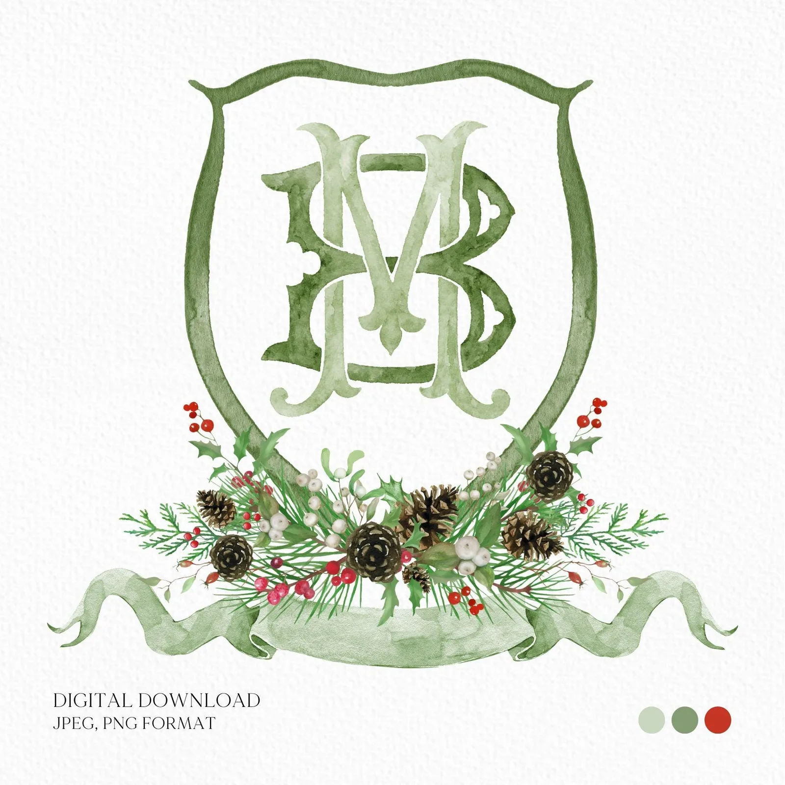Custom Christmas Wedding Crest - Monogram Crest - Rose Hips Floral Watercolor Wedding Crest - Winter Christmas Wedding Crest - Winter Crest
