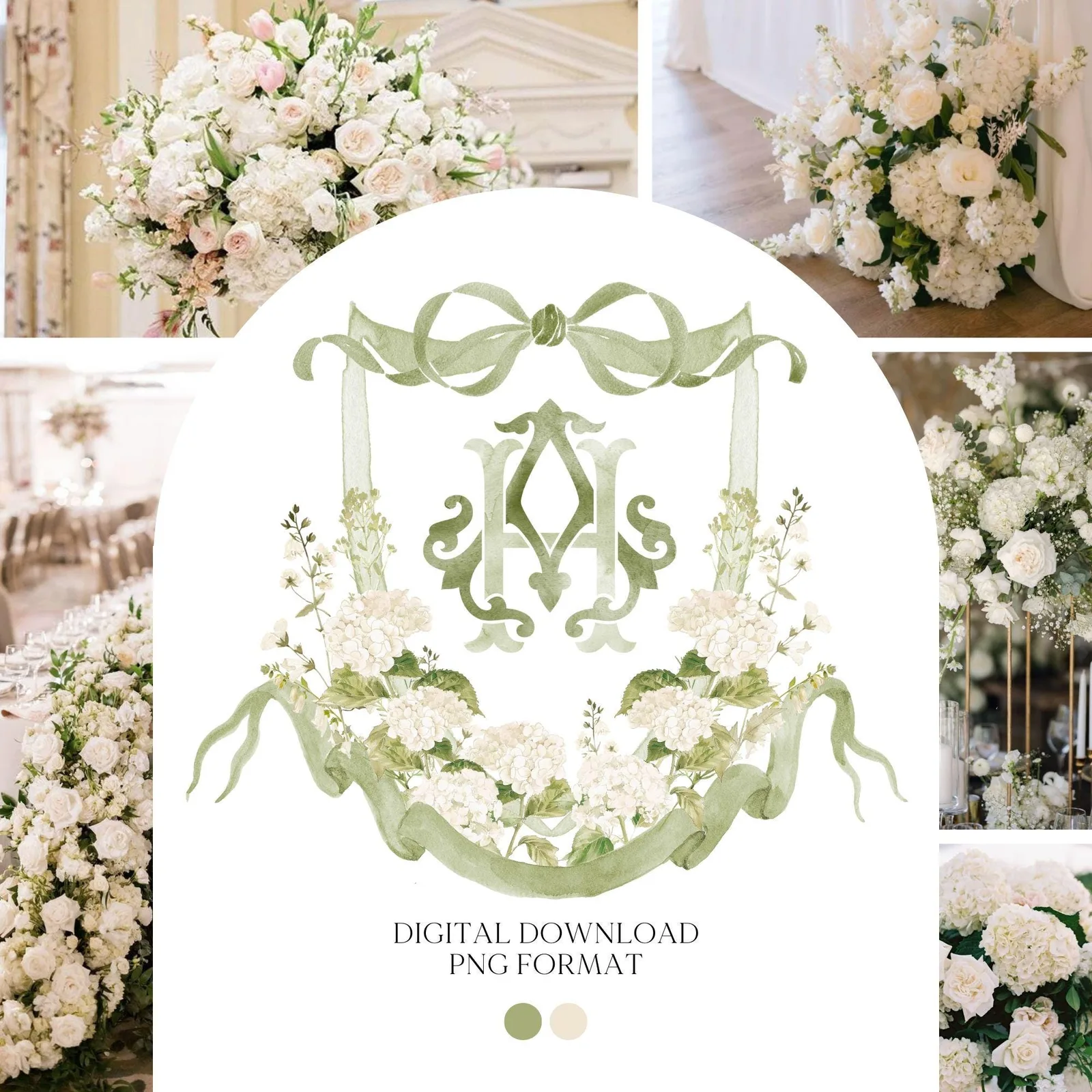 White Hydrangea Flower Greenery Wedding Crest - Monogram Crest - Hydrangea Floral Luxury Watercolor Wedding Crest - Romantic Wedding Crest
