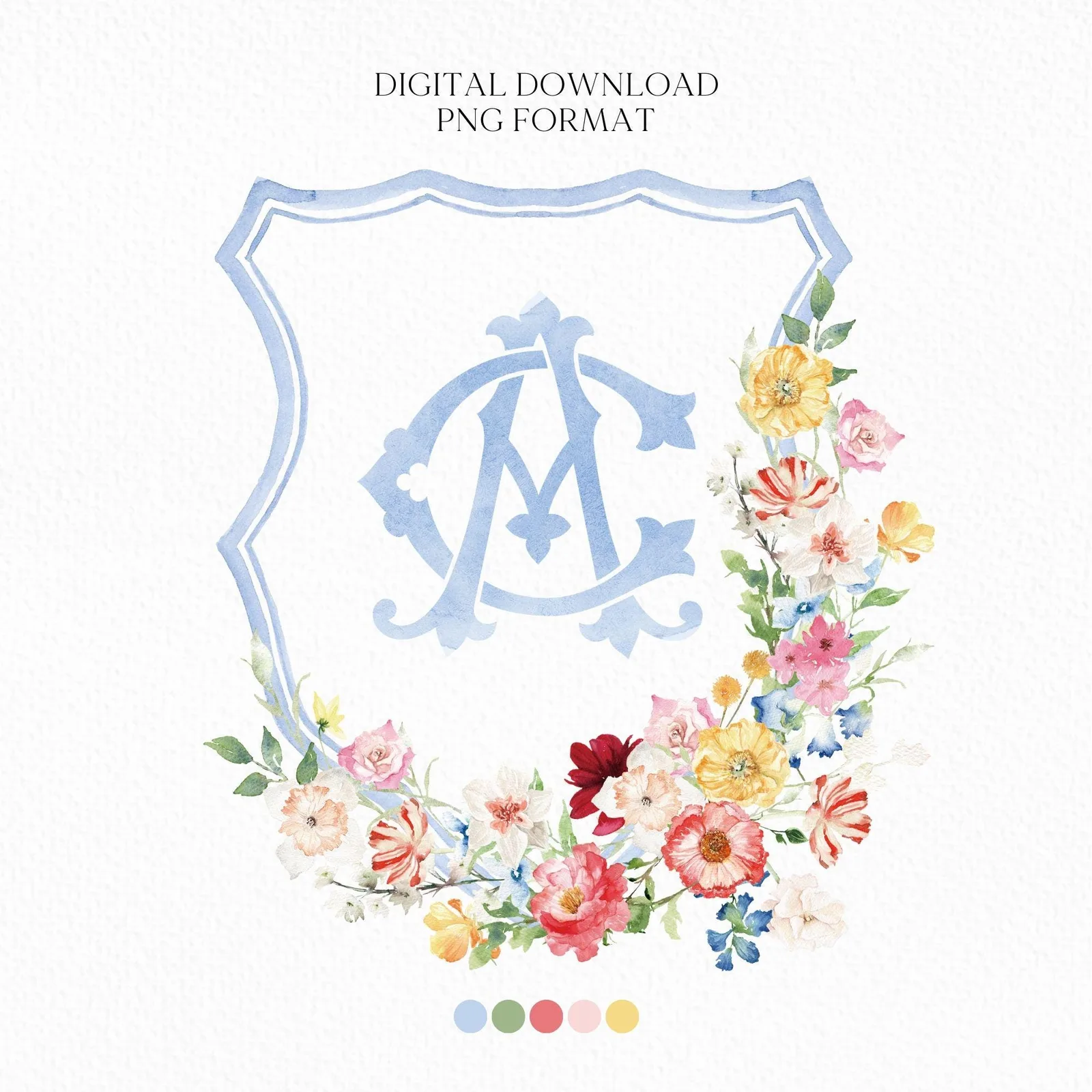 Wildflowers Bright Floral Colorful Watercolor Wedding Crest - Monogram Crest - Floral Watercolor Wedding Crest - Romantic Wedding Crest
