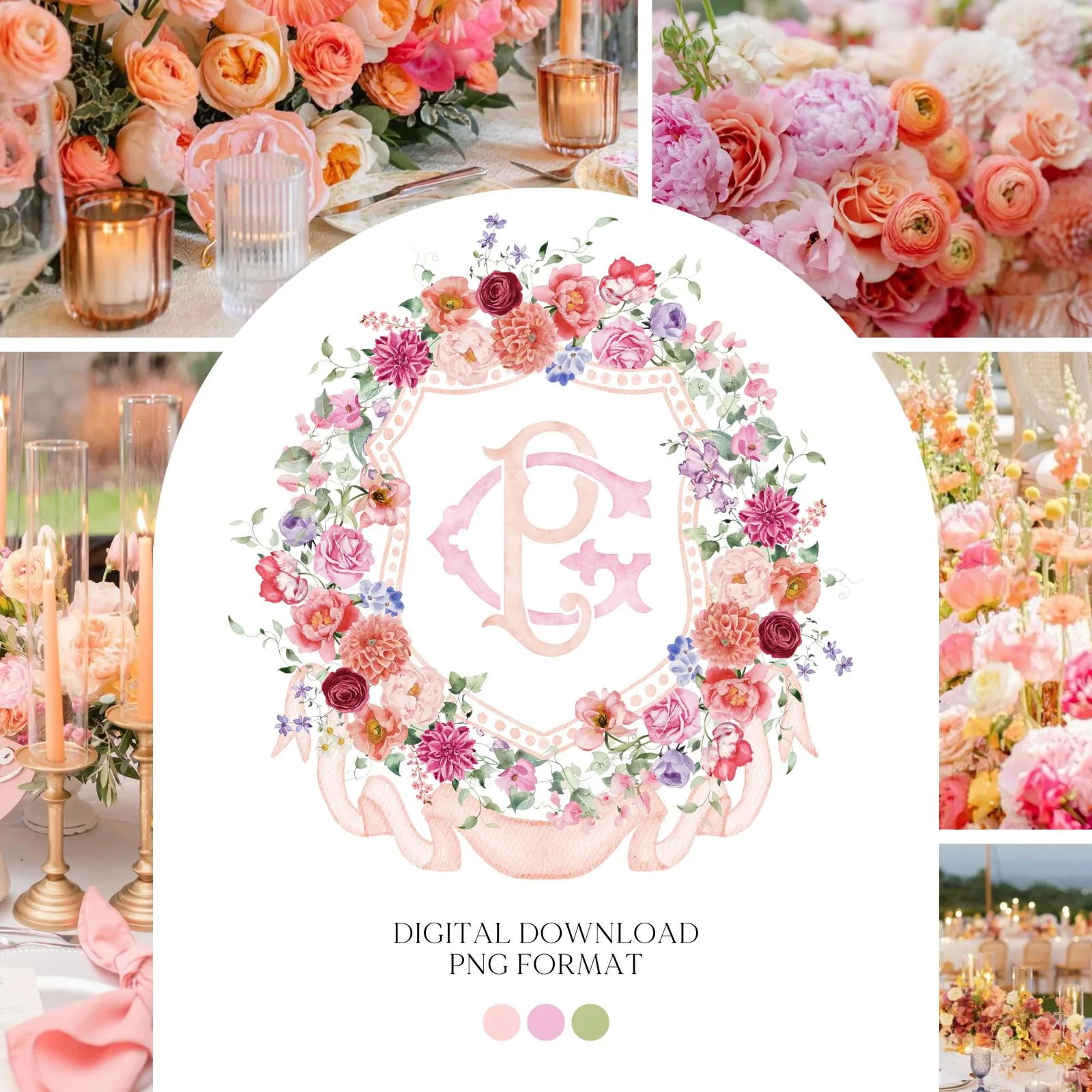 Wildflower Pink Flower Wedding Crest - Monogram Crest - Floral Luxury Watercolor Wedding Crest - Romantic Wedding Crest