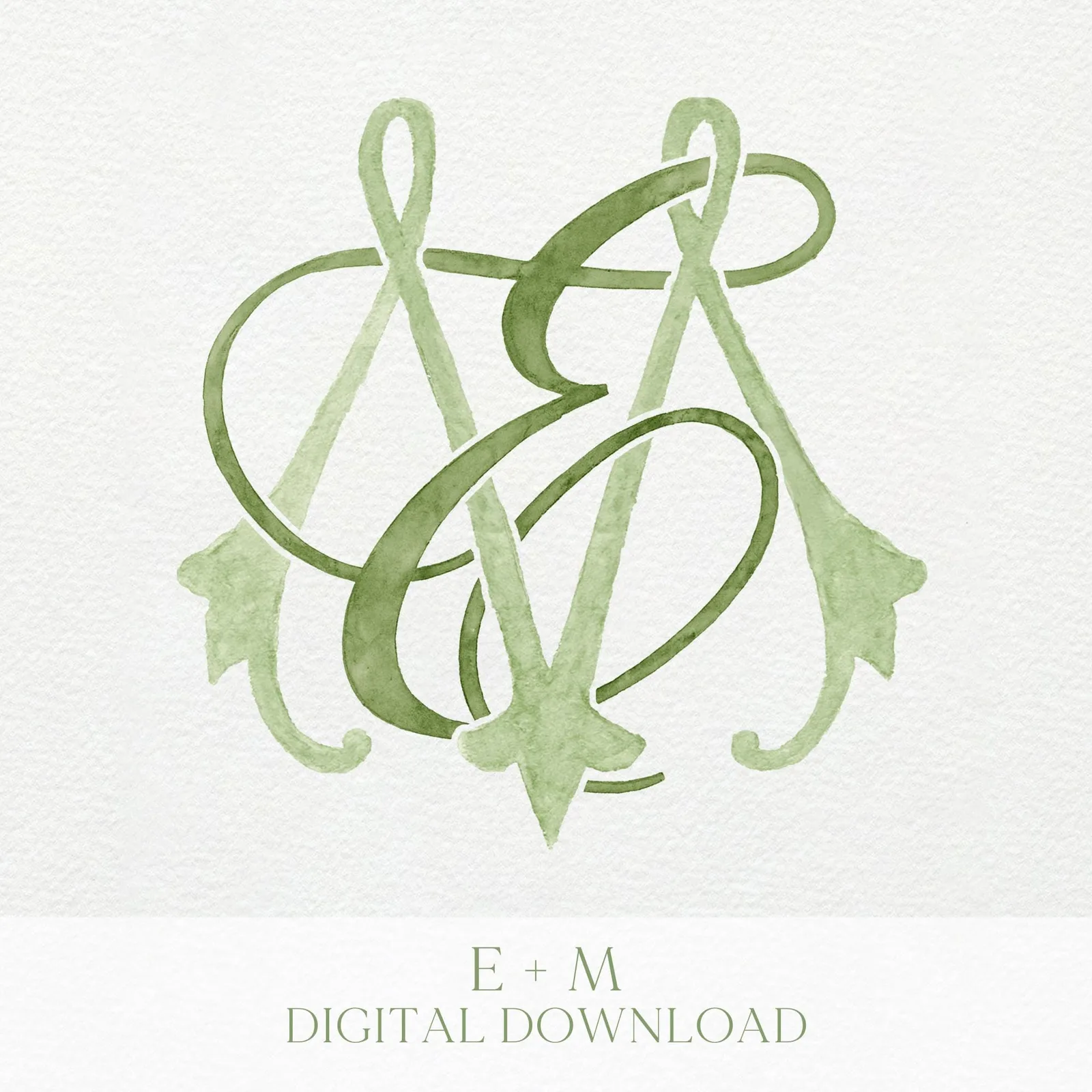 Watercolor Wedding Monogram EM – Classic Letter Crest (Digital Download)