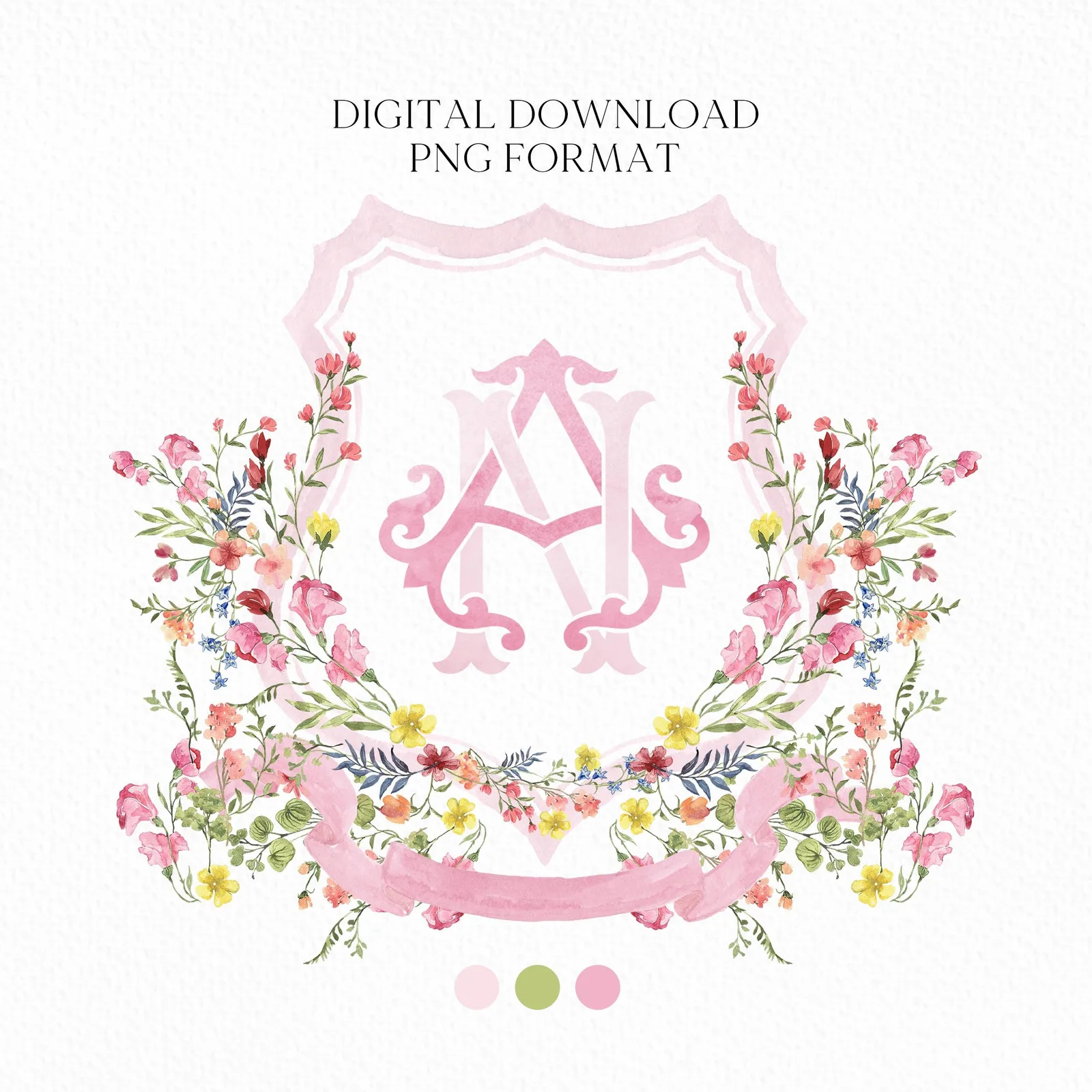 Wildflower Pink Flower Wedding Crest - Monogram Crest - Floral Luxury Watercolor Wedding Crest - Romantic Wedding Crest
