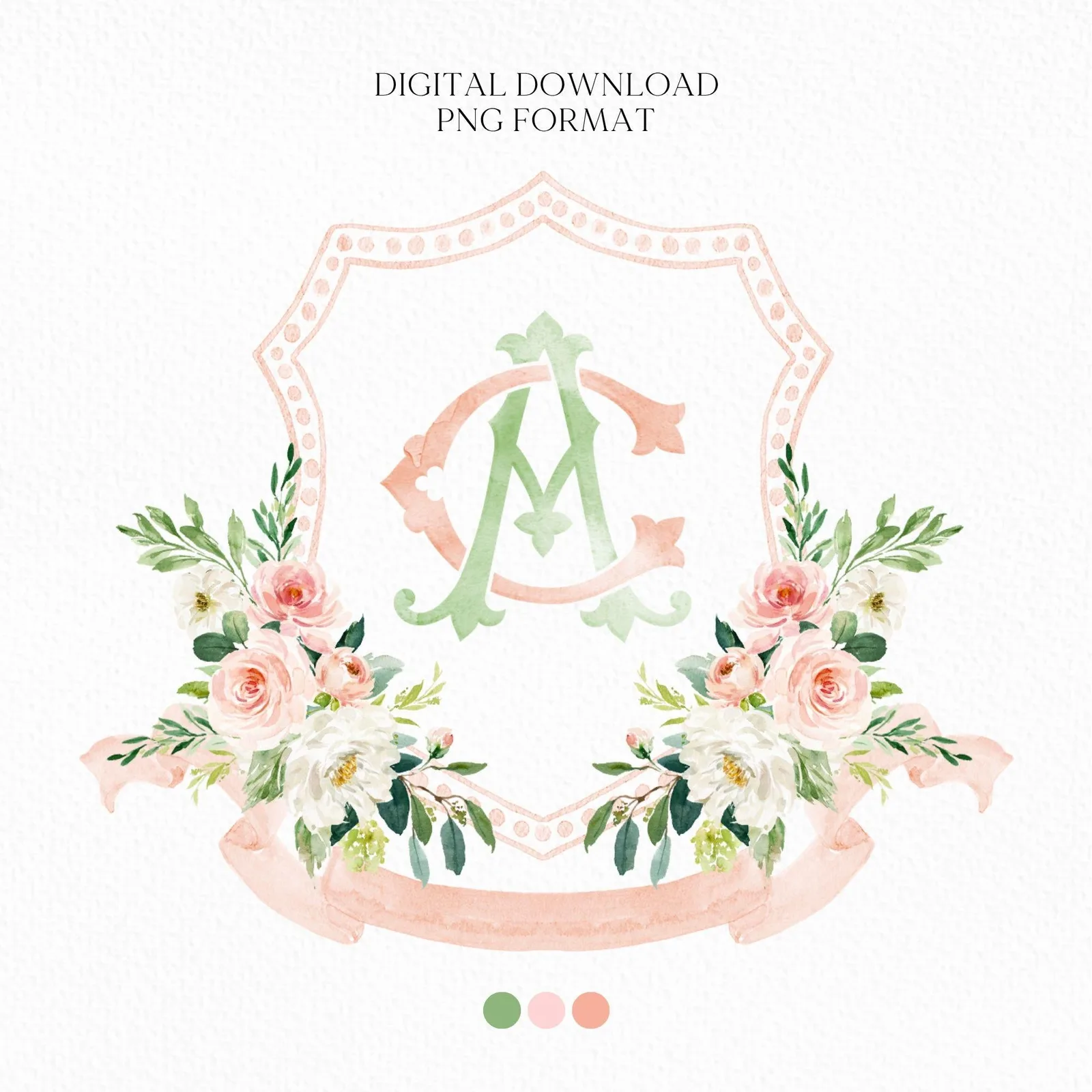 Blush Pink Floral Rustic Greenery Flower Wedding Crest - Monogram Crest - Floral Watercolor Wedding Crest - Romantic Wedding Crest