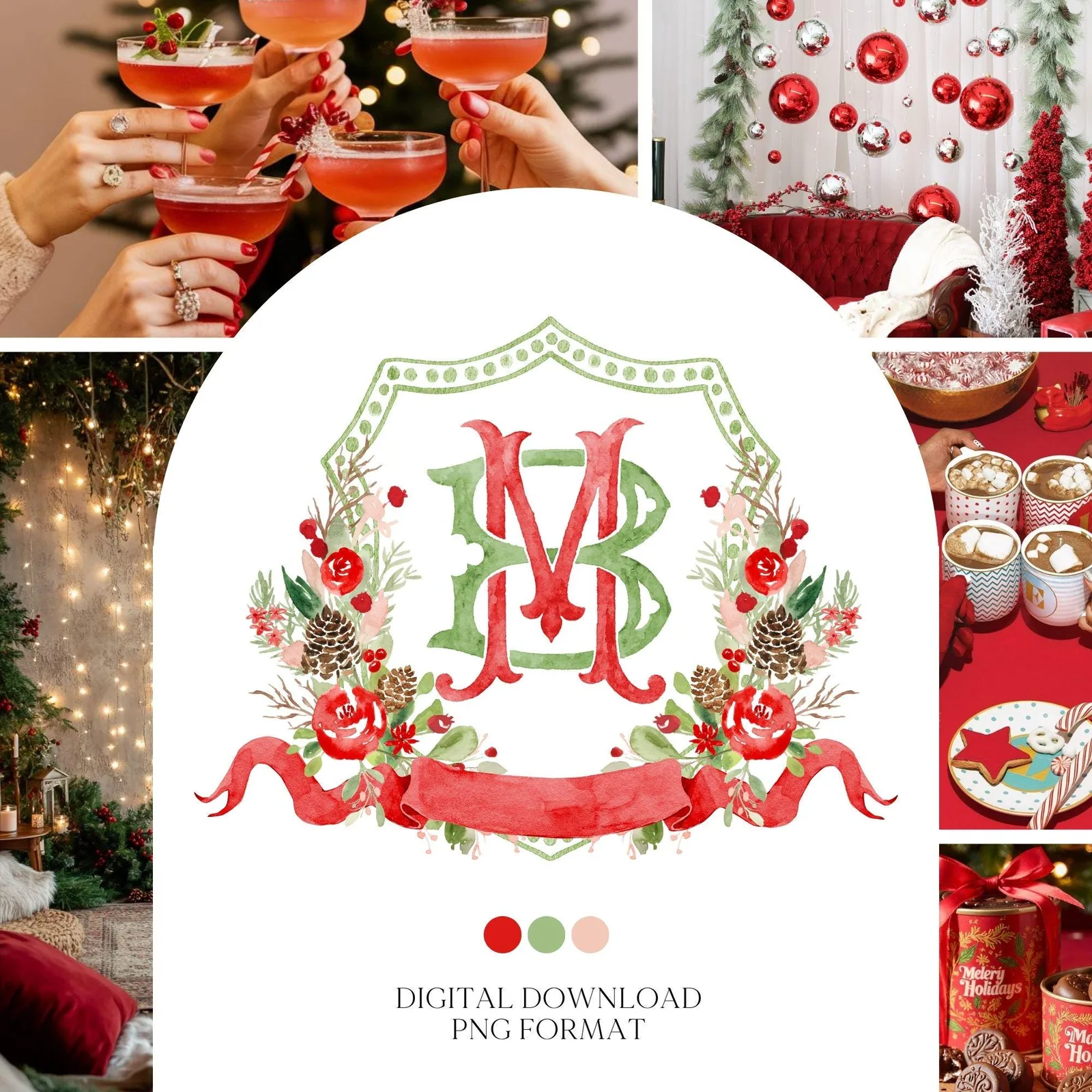 Custom Monogram Christmas Wedding Crest - Rose Hips Floral Watercolor - Winter Christmas Watercolors Crests