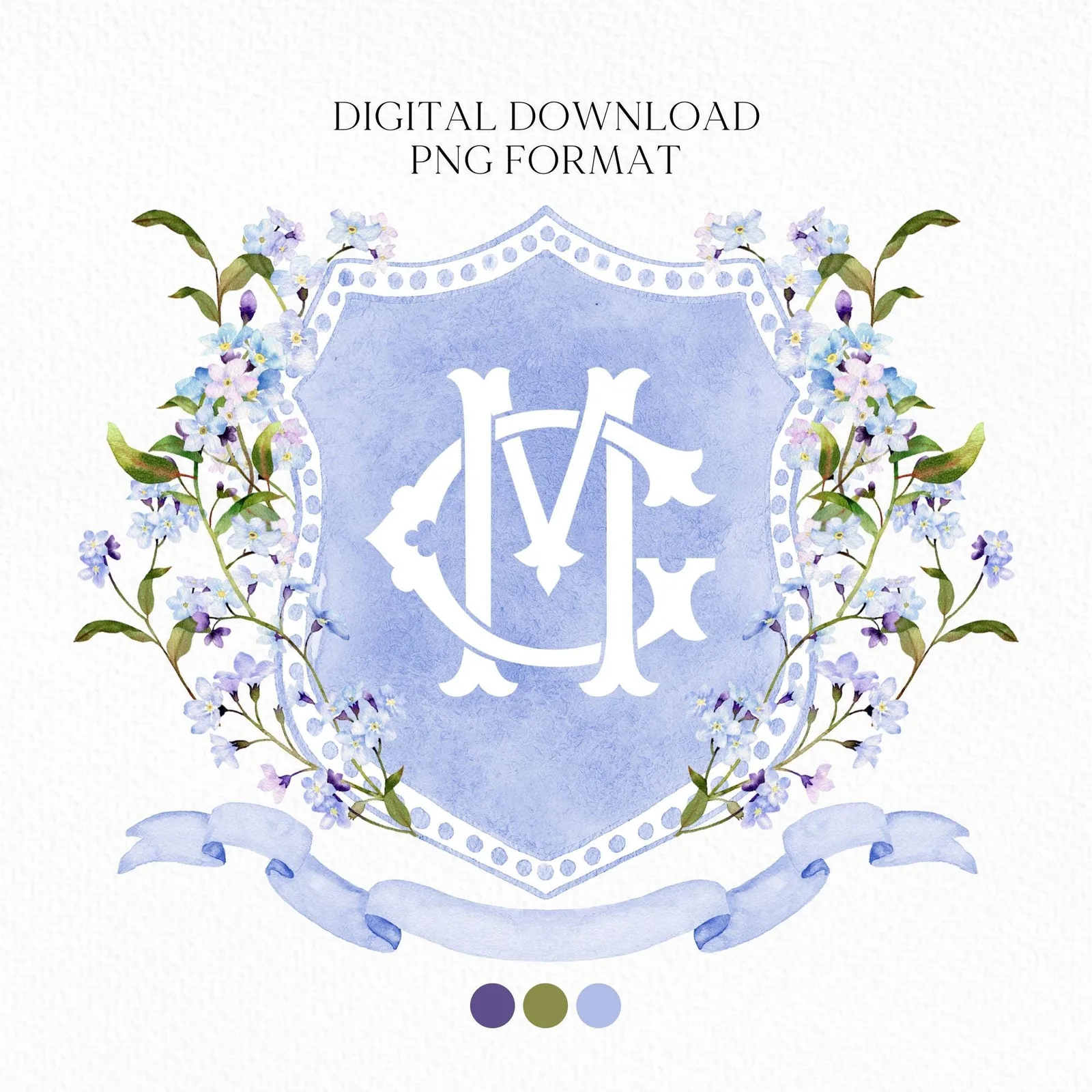 Wildflower Blue Spring Flower Wedding Crest - Monogram Crest - Wildflower bohemian Floral Watercolor Wedding Crest - Romantic Wedding Crest