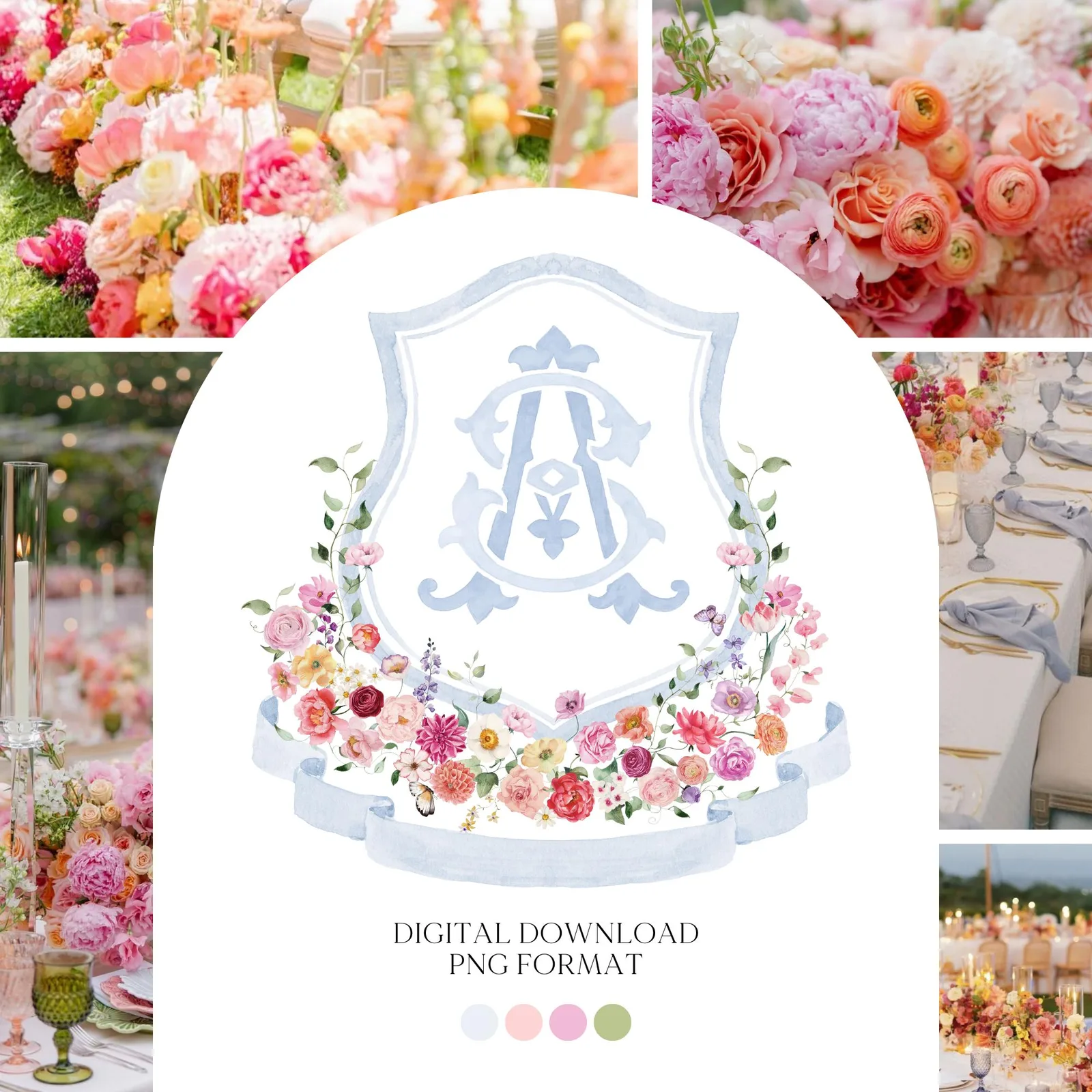 Wildflower Pink Flower Wedding Crest - Monogram Crest - Floral Luxury Watercolor Wedding Crest - Romantic Wedding Crest