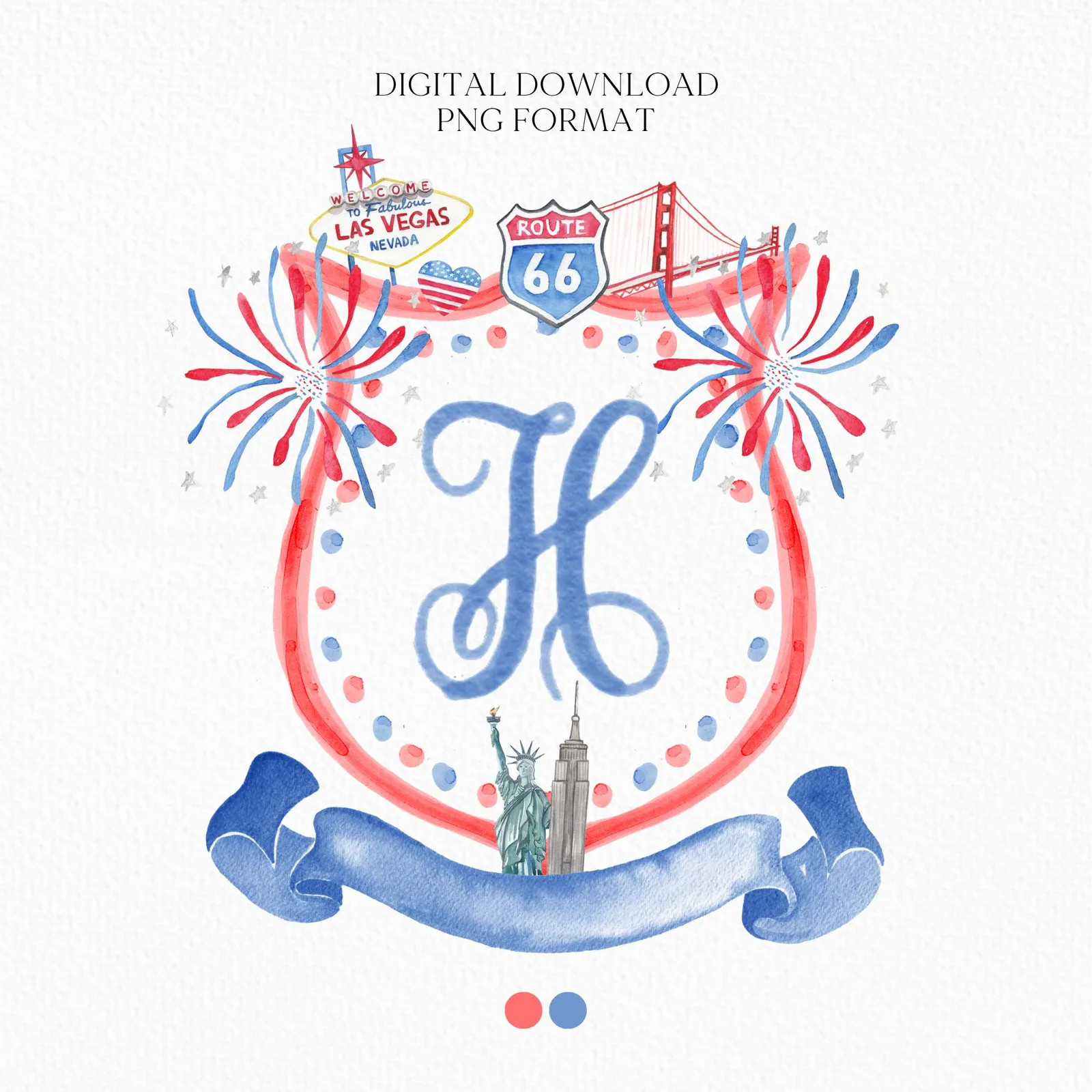 Patriotic 4th July Independence Day Wedding Watercolor Crest