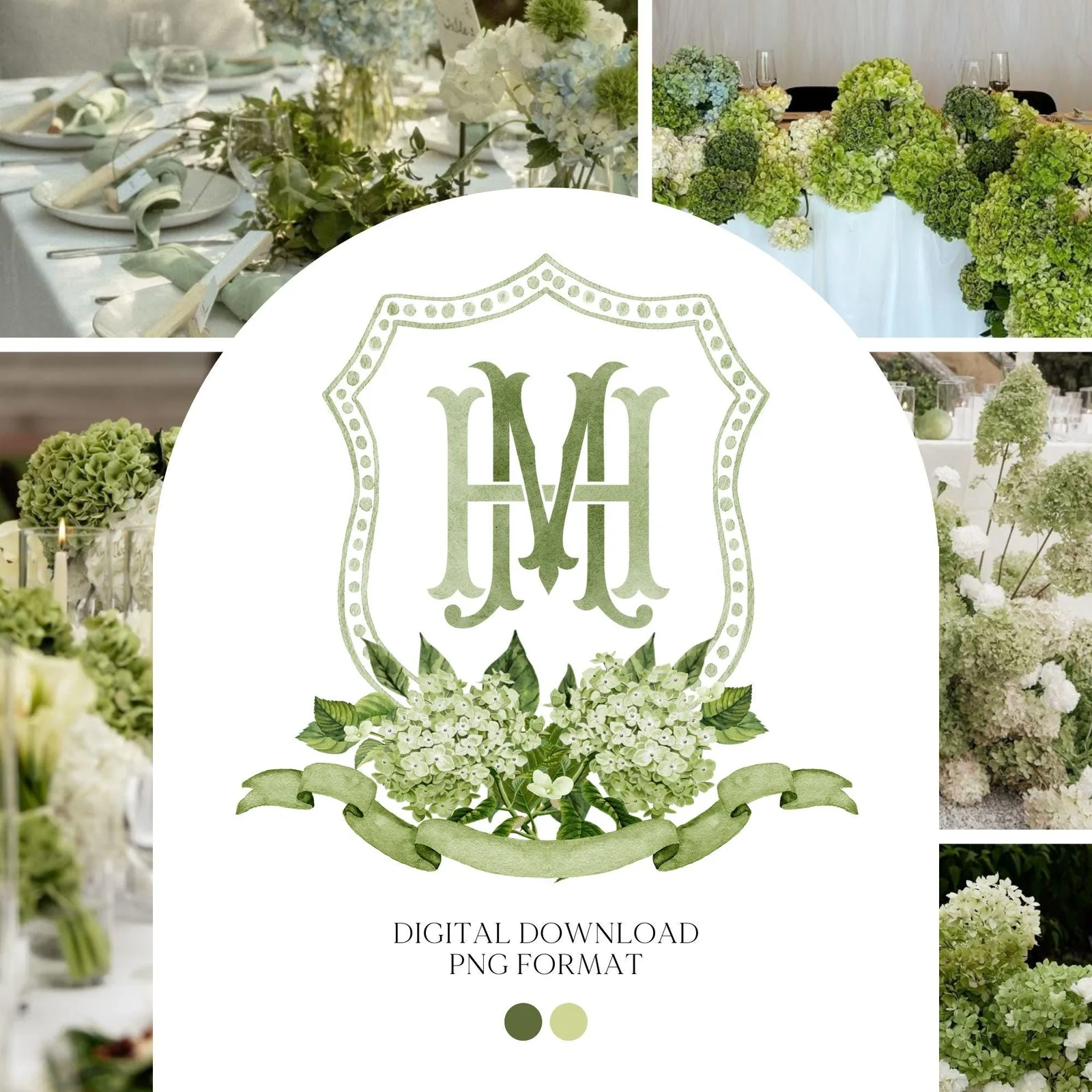 Green Hydrangea Flower Wedding Crest - Monogram Crest - Hydrangea Floral Watercolor Wedding Crest - Romantic Wedding Crest - Boho Hydrangea