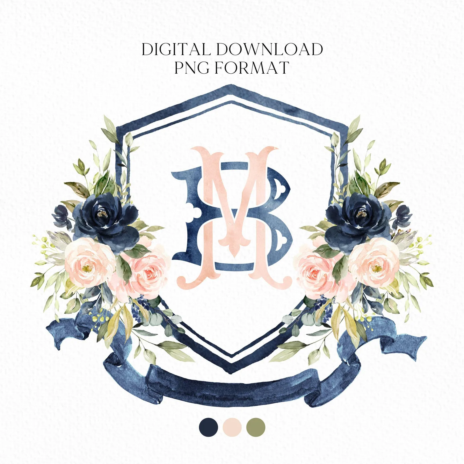 Blush Pink & Navy Floral Watercolor Wedding Crest - Monogram Crest