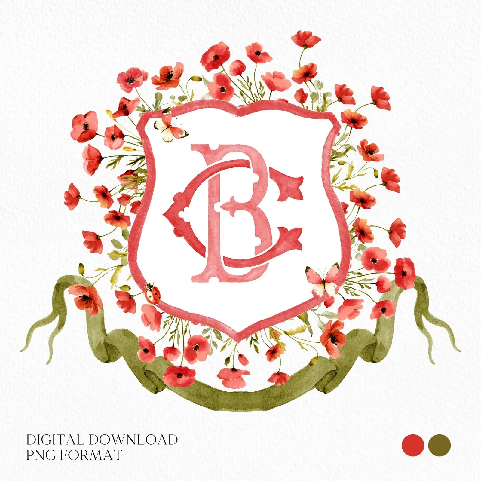 Red Poppy Flower Wedding Crest - Monogram Crest
