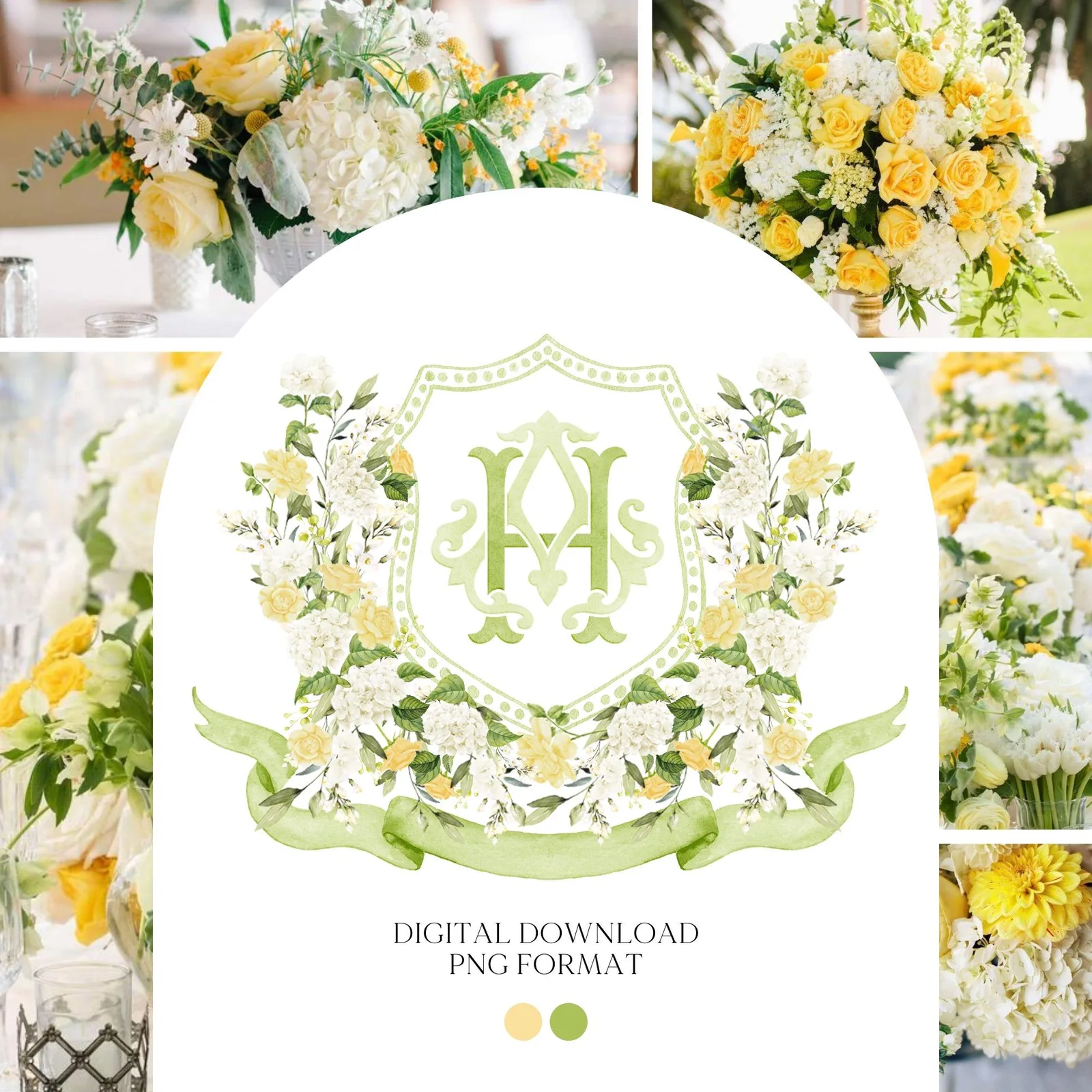 White Hydrangea Light Yellow Rose Flower Wedding Crest - Monogram Crest - Hydrangea Floral Luxury Watercolor Wedding Crest