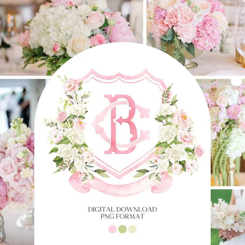 White Hydrangea Blush Pink Rose Flower Wedding Crest