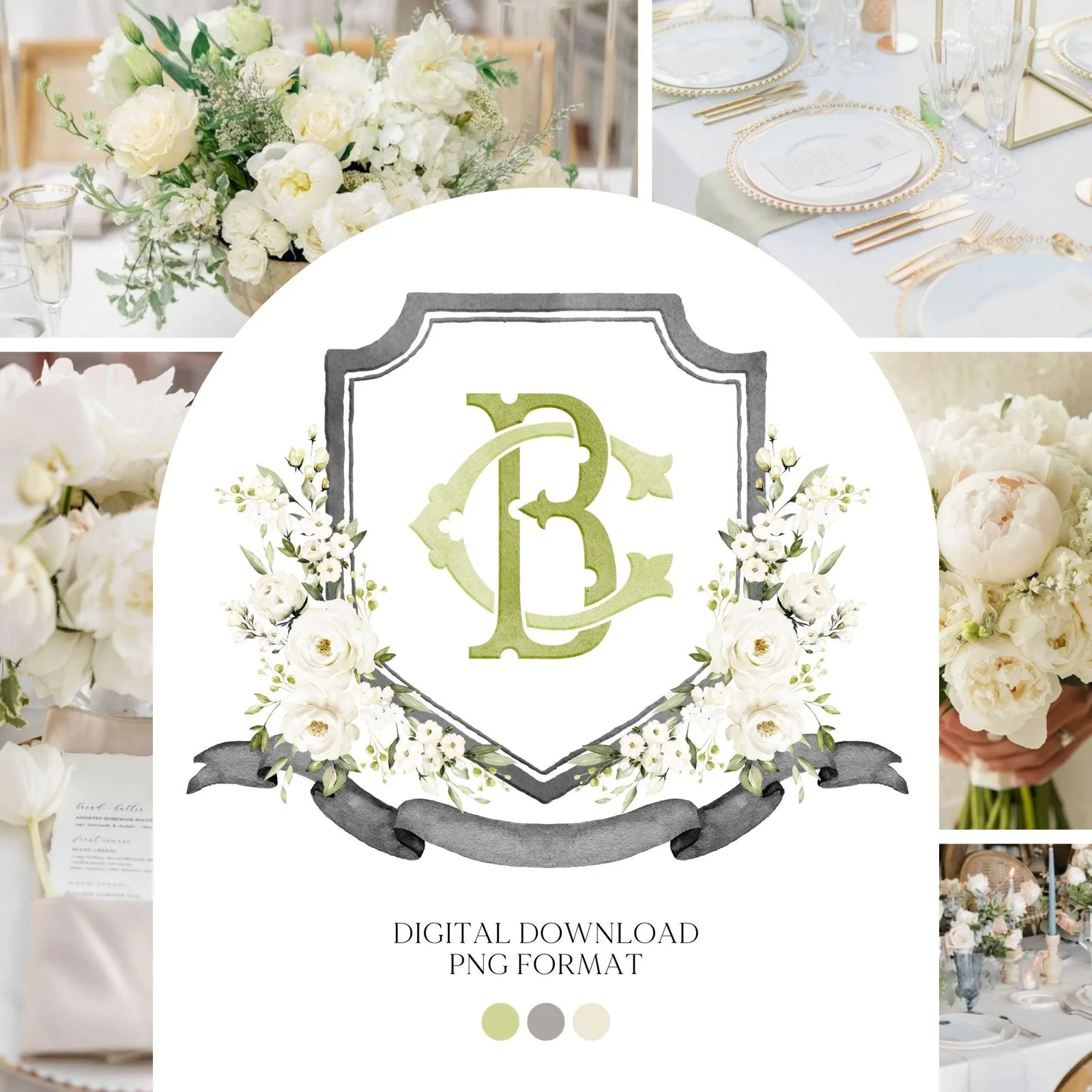 Creamy Rose Ivory Greenery White Flower Wedding Crest - Monogram Crest - White Floral Watercolor Wedding Crest - Romantic Wedding Crest