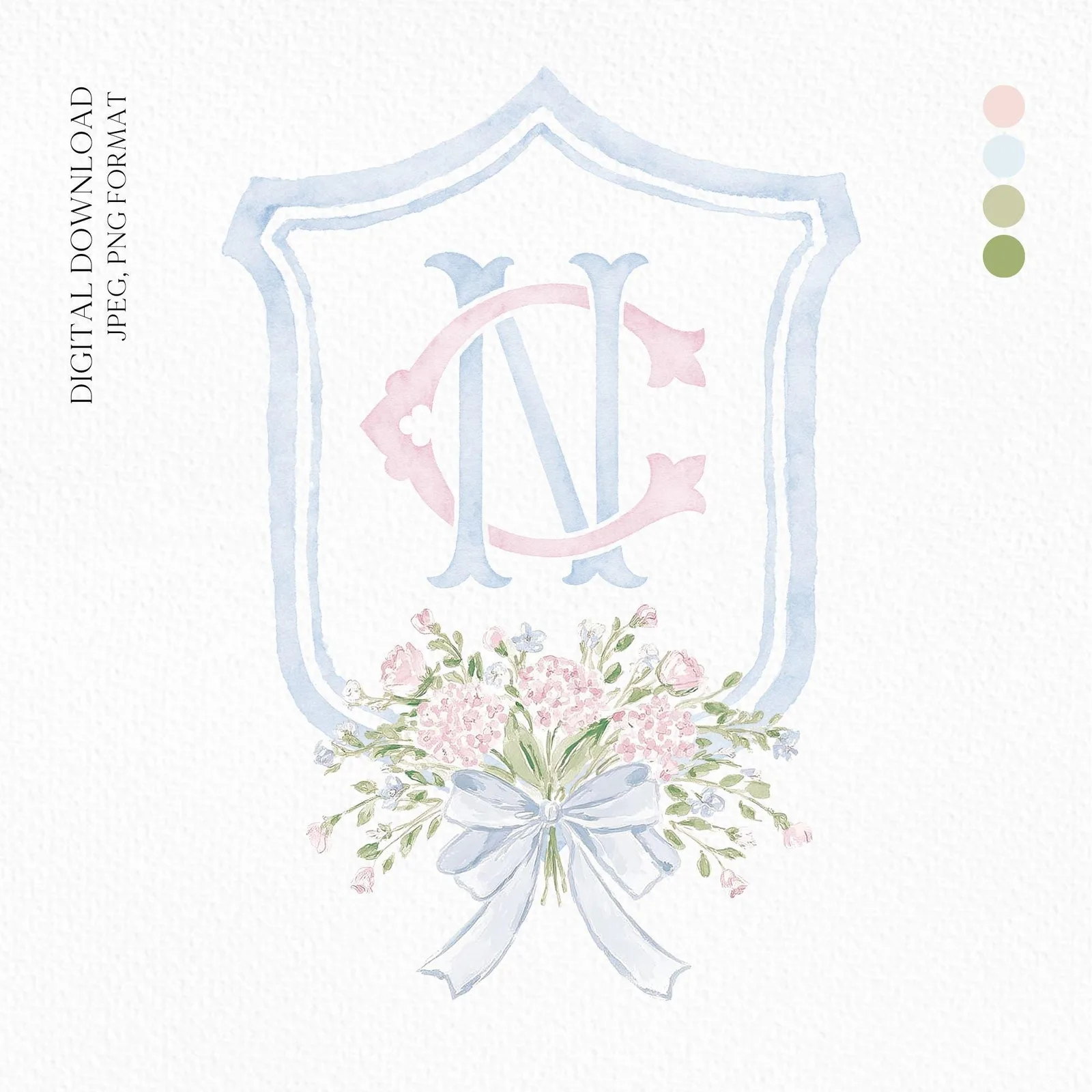 Hydrangea Pink Green Floral Wedding Crest - Monogram Crest - Green Baby's Breath Hydrangea Floral Luxury Watercolor Wedding Crest