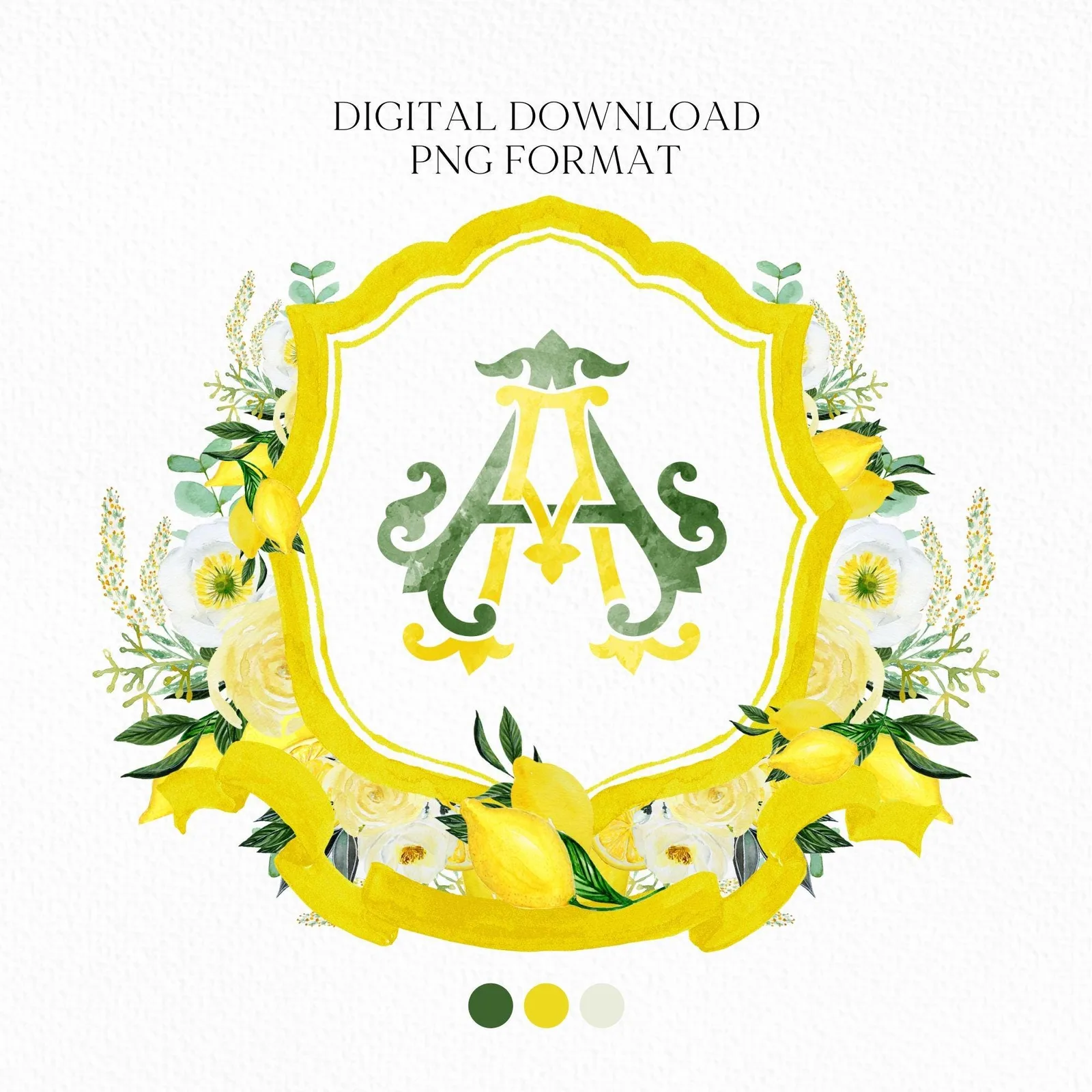 Yellow Floral Lemons Watercolor Wedding Crest - Monogram Crest - Floral Luxury Watercolor Wedding Crest - Romantic Wedding Crest