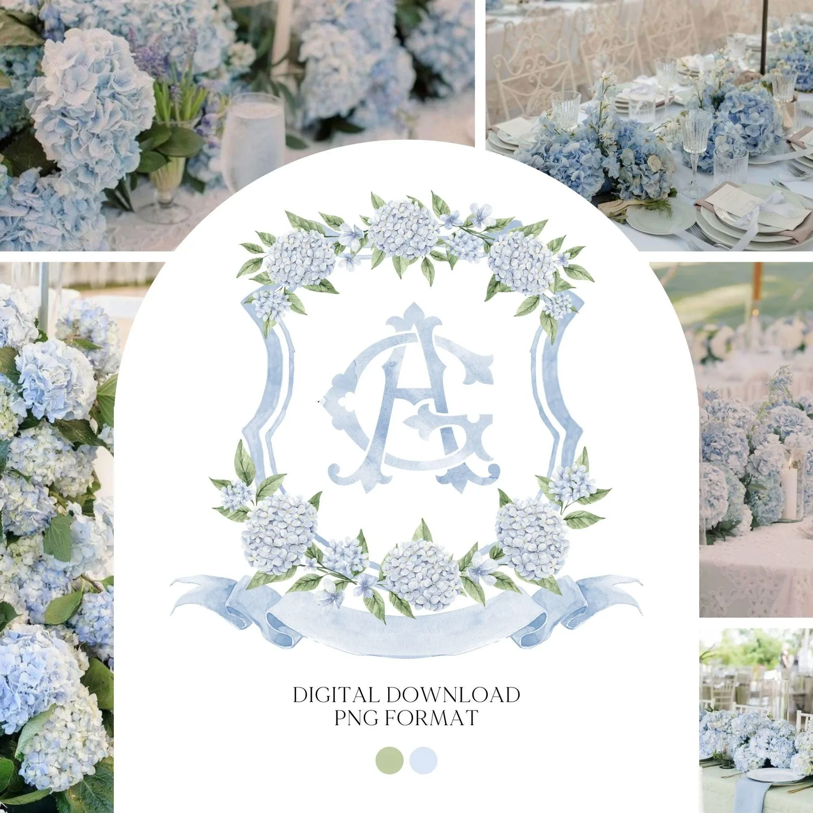 White Blue Hydrangea Flower Wedding Crest - Monogram Crest - Hydrangea Floral Luxury Watercolor Wedding Crest - Romantic Wedding Crest