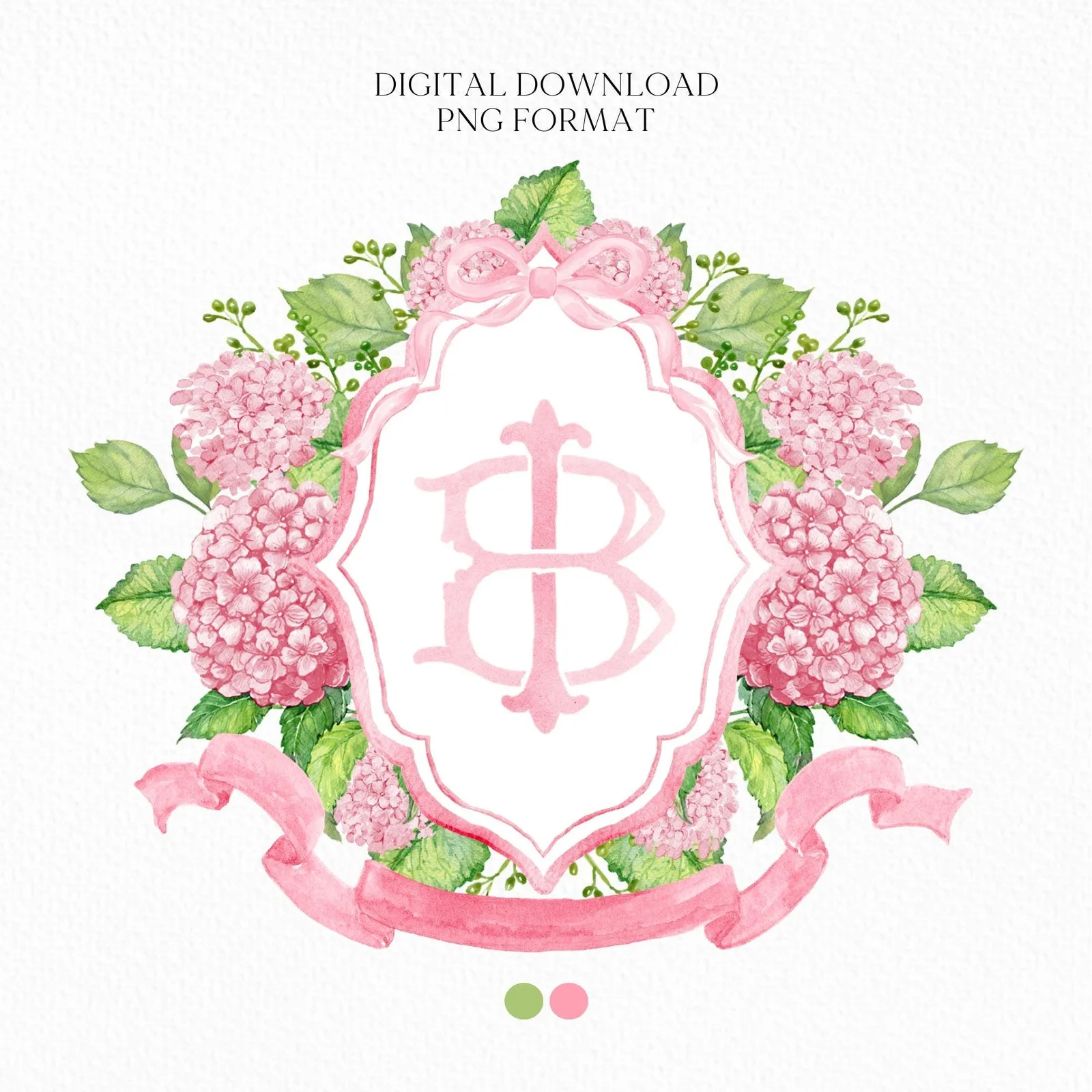 Pink Hydrangea Flower Wedding Crest - Monogram Crest - Hydrangea Floral Luxury Watercolor Wedding Crest - Romantic Wedding Crest