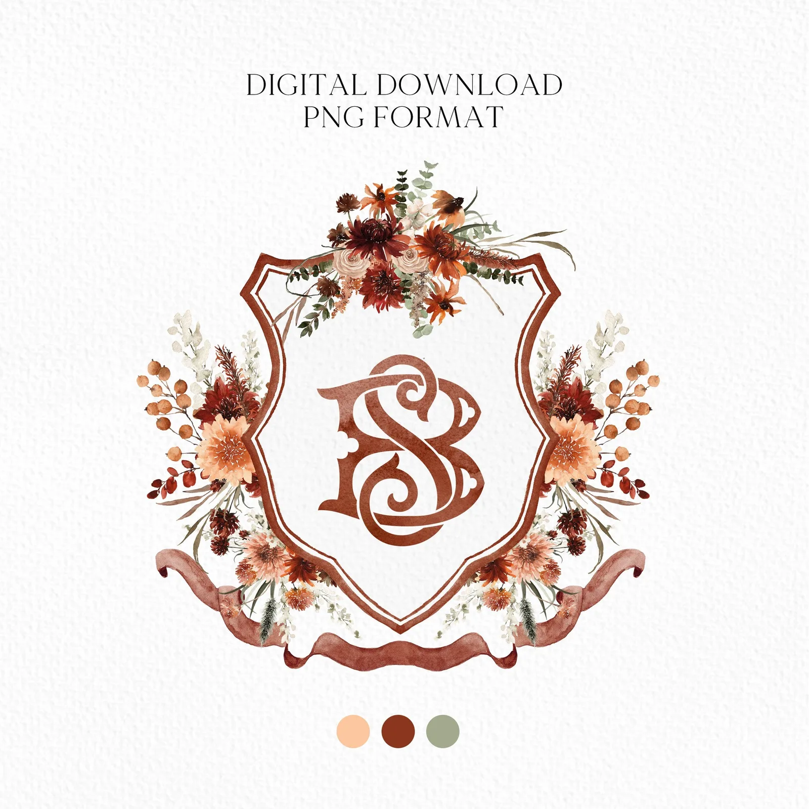 Terracotta Flower Wedding Crest - Monogram Crest - Autumn Fall Floral Luxury Watercolor Wedding Crest - Romantic Wedding Crest- Boho Fall