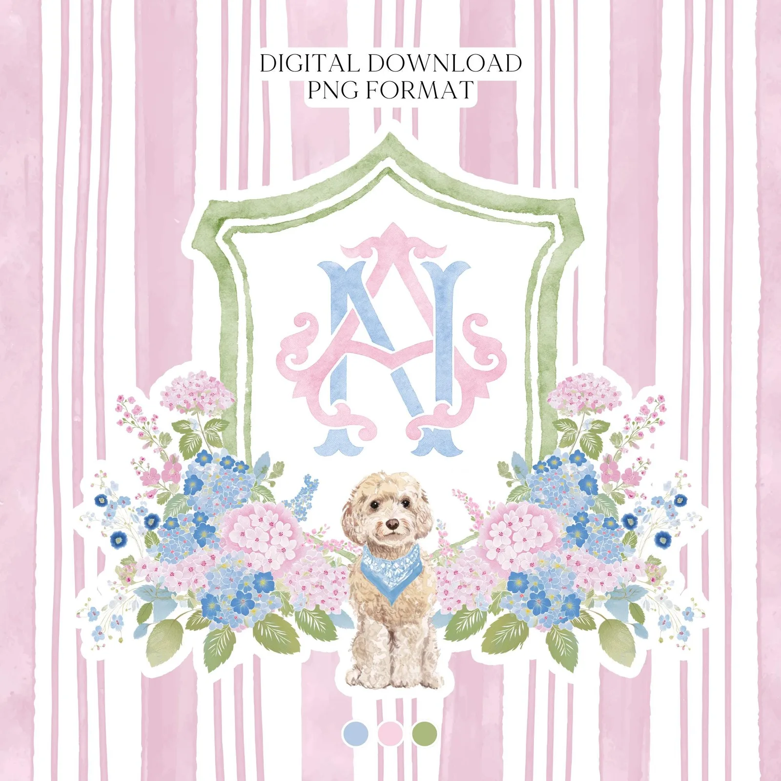 Hydrangea Blue Pink Wedding Family Crest - Light Pink Blue Hydrangea Flower Wedding Crest - Monogram Crest