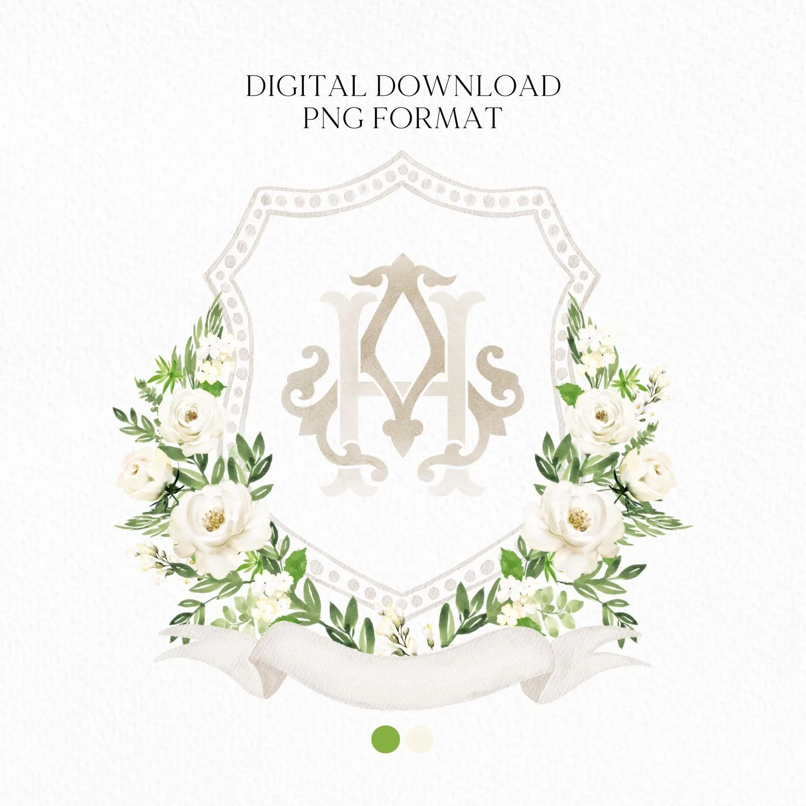 White Rose Greenery White Flower Wedding Crest - Monogram Crest