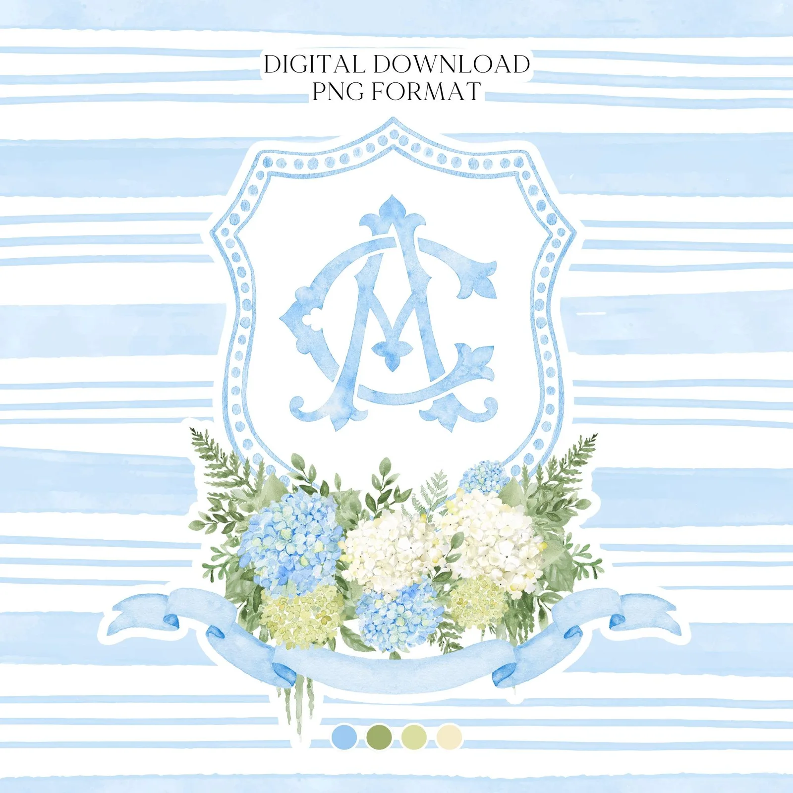 Blue Hydrangea Flower Wedding Crest - Monogram Crest - Hydrangea White Floral Luxury Watercolor Wedding Crest - Romantic Wedding Crest
