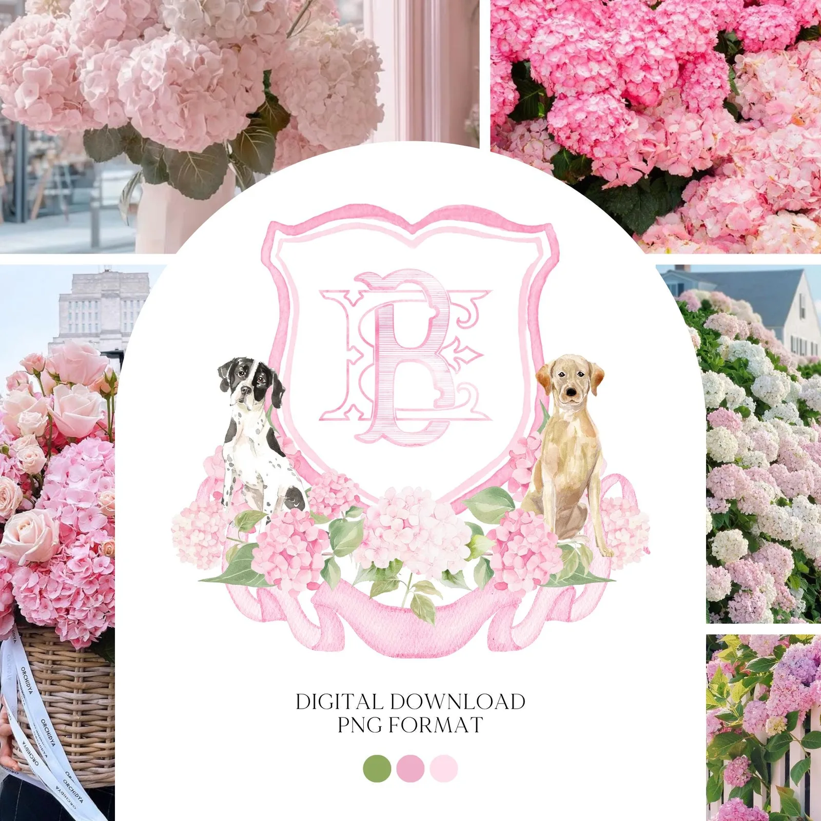 Hydrangea Pink Green Floral Wedding Crest - Monogram Crest