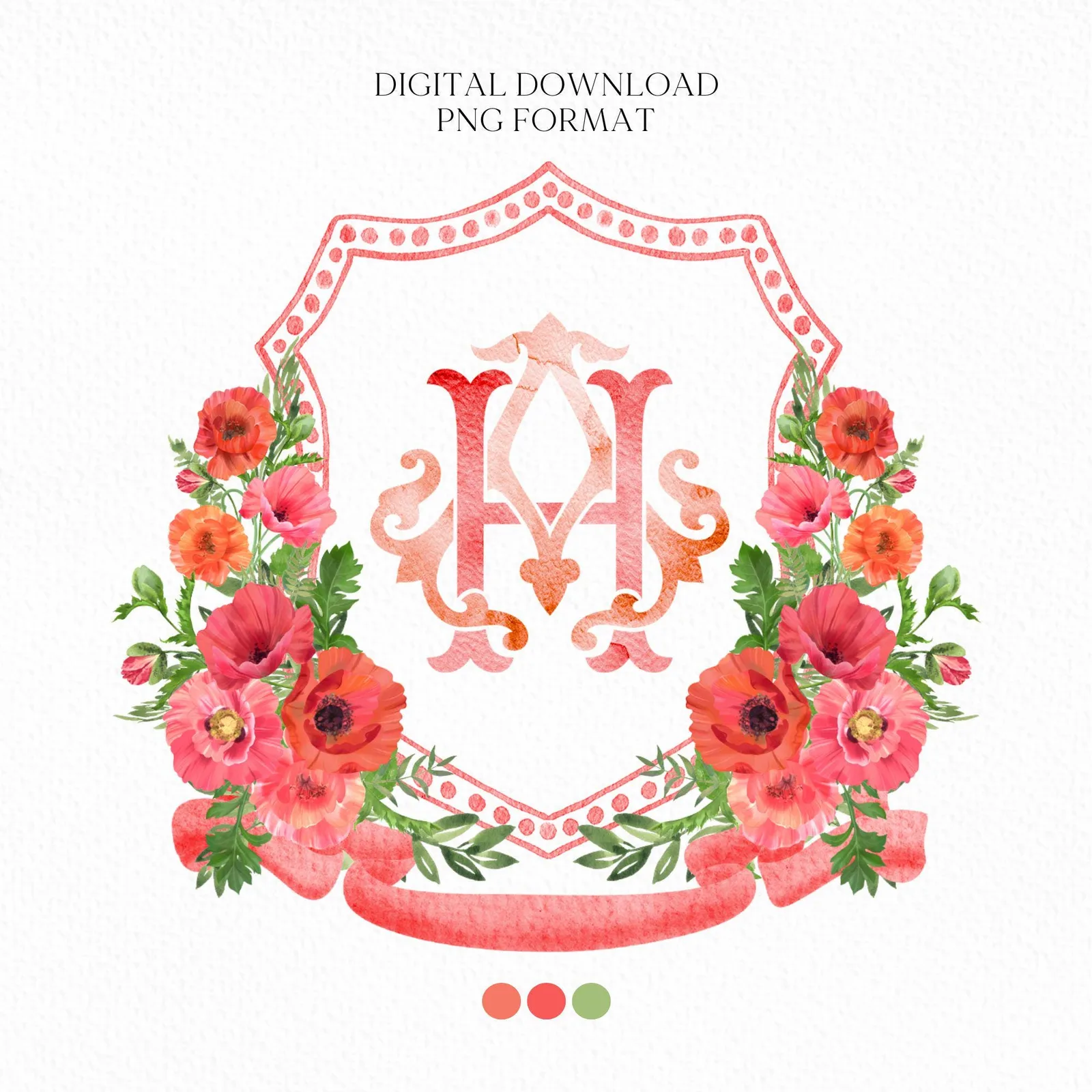 Poppy Bouquet Flower Wedding Crest - Monogram Crest