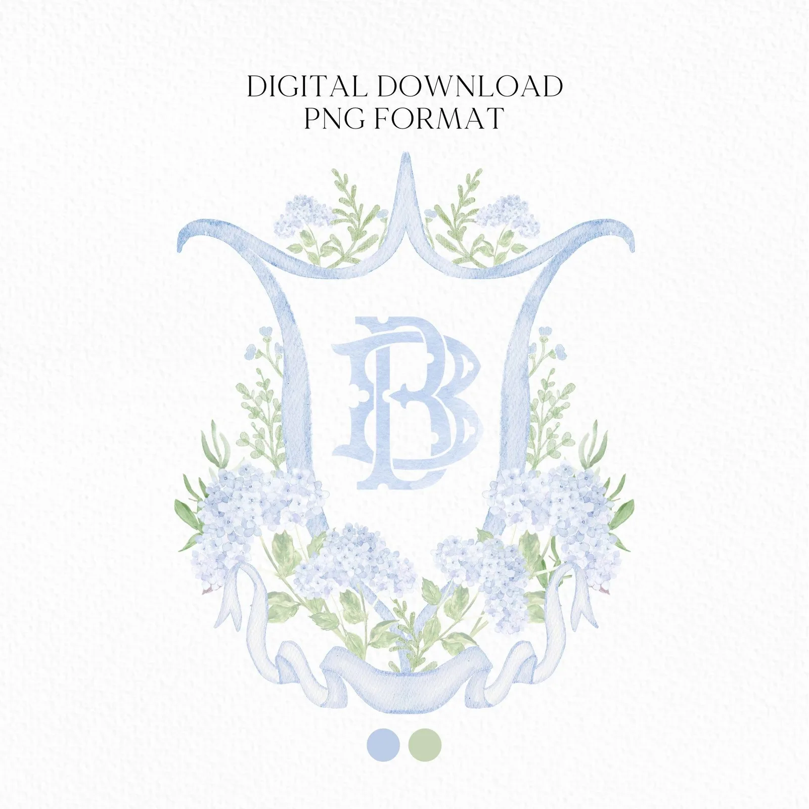 Blue Hydrangea Flower Wedding Crest - Monogram Crest - Hydrangea Light Blue Floral Luxury Watercolor Wedding Crest - Romantic Wedding Crest