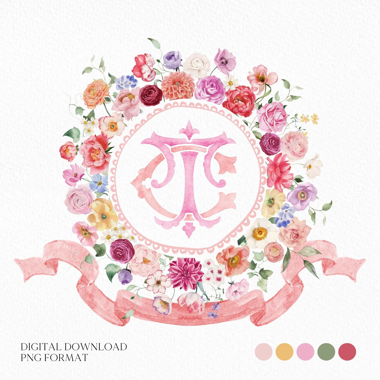 Wildflowers Bright Floral Colorful Watercolor Wedding Crest - Monogram Crest - Floral Watercolor Wedding Crest - Romantic Wedding Crest
