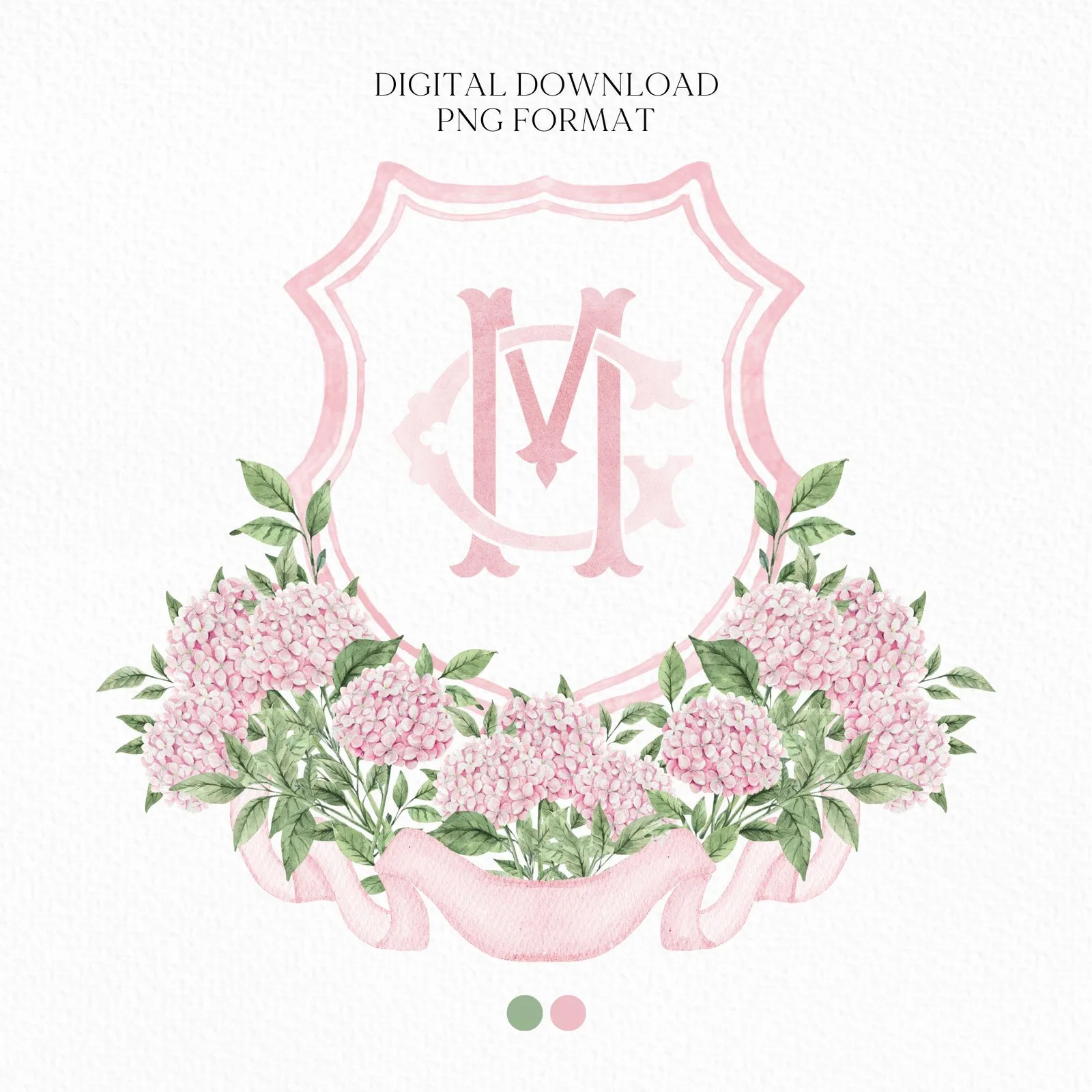 Pink Hydrangea Flower Wedding Crest - Monogram Crest - White Hydrangea Floral Luxury Watercolor Wedding Crest - Romantic Wedding Crest